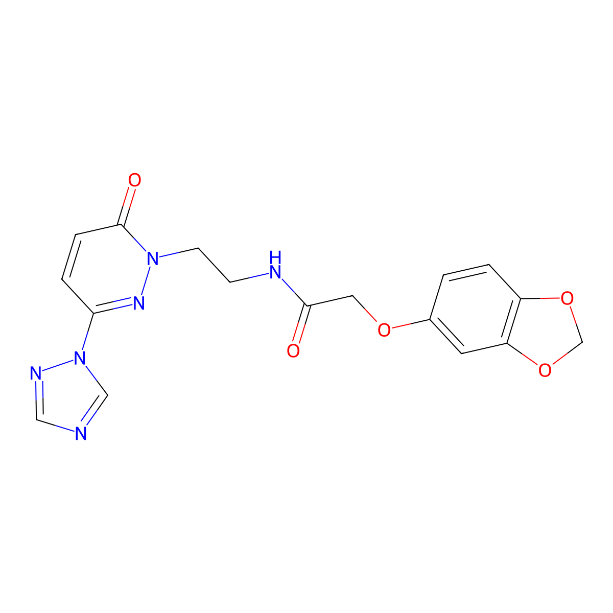 2-(benzo[d][1,3]dioxol-5-yloxy)-N-(2-(6-oxo-3-(1H-1,2,4-triazol-1-yl)pyridazin-1(6H)-yl)ethyl)acetamide molecular structure, CAS 1448075-54-4