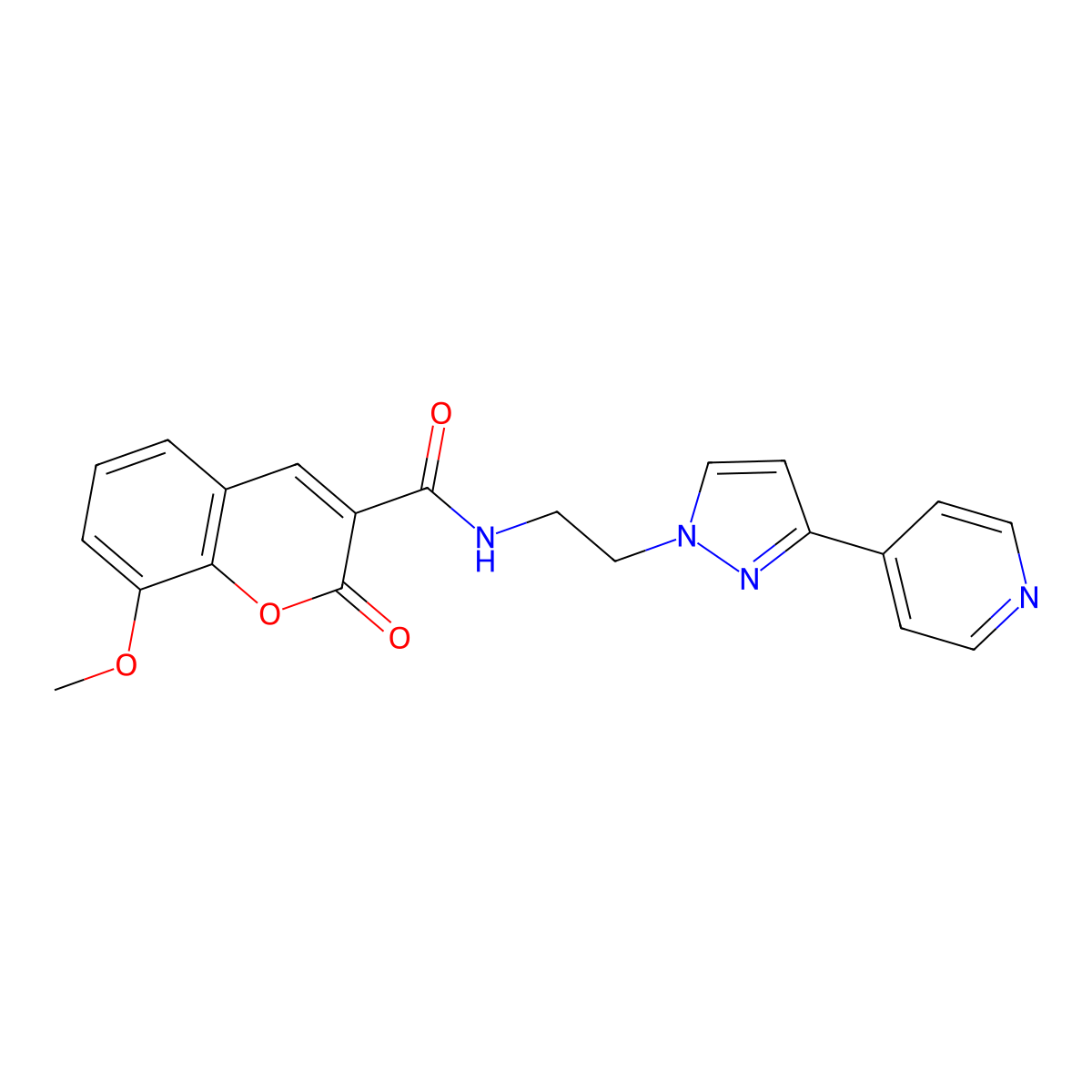 8-methoxy-2-oxo-N-{2-[3-(pyridin-4-yl)-1H-pyrazol-1-yl]ethyl}-2H-chromene-3-carboxamide molecular structure, CAS 1448075-65-7