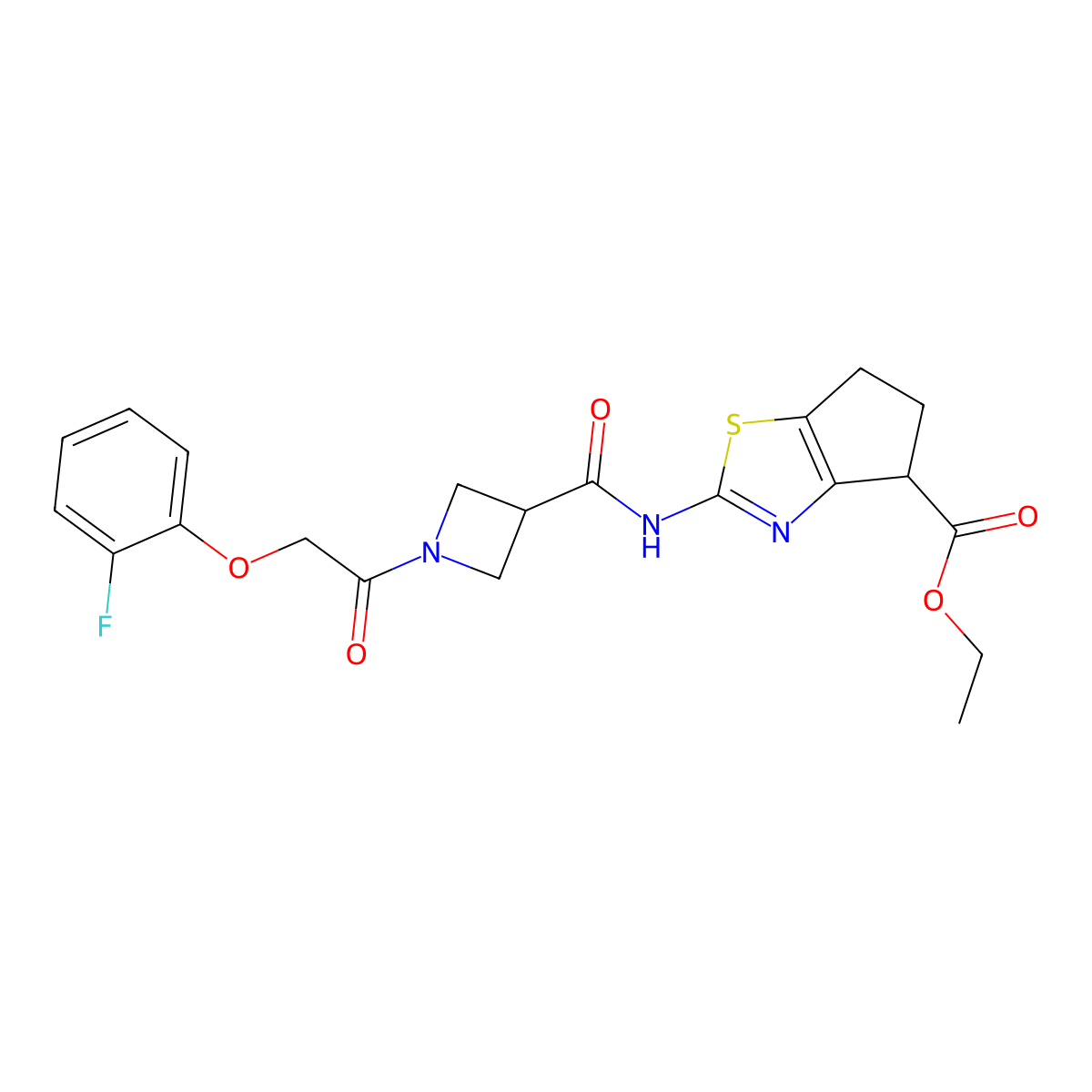 ethyl 2-(1-(2-(2-fluorophenoxy)acetyl)azetidine-3-carboxamido)-5,6-dihydro-4H-cyclopenta[d]thiazole-4-carboxylate molecular structure, CAS 1448075-74-8