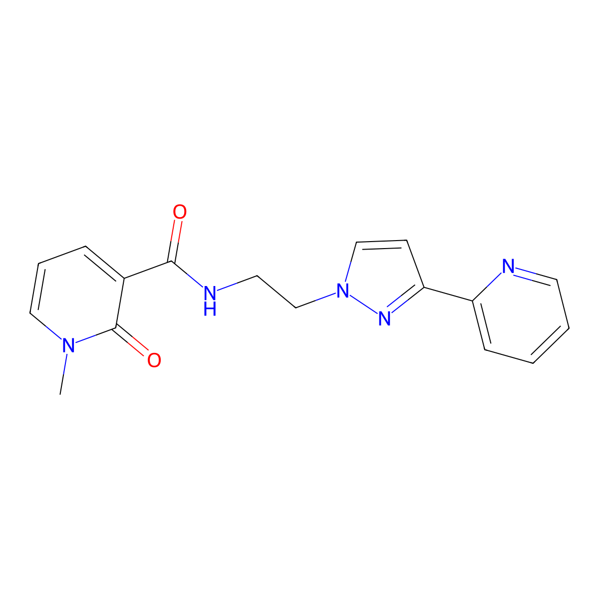1-methyl-2-oxo-N-{2-[3-(pyridin-2-yl)-1H-pyrazol-1-yl]ethyl}-1,2-dihydropyridine-3-carboxamide molecular structure, CAS 1448075-86-2