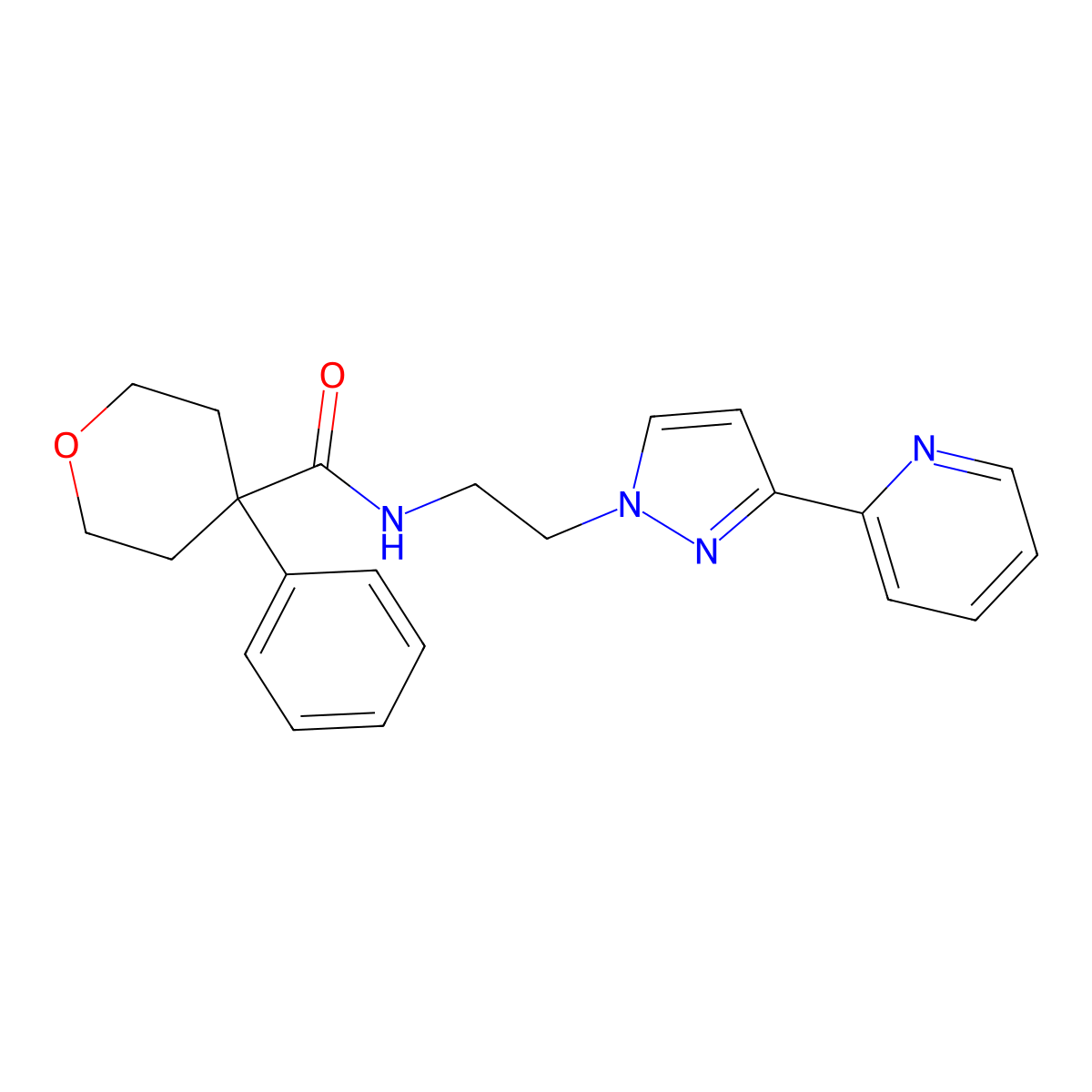 4-phenyl-N-(2-(3-(pyridin-2-yl)-1H-pyrazol-1-yl)ethyl)tetrahydro-2H-pyran-4-carboxamide molecular structure, CAS 1448075-95-3
