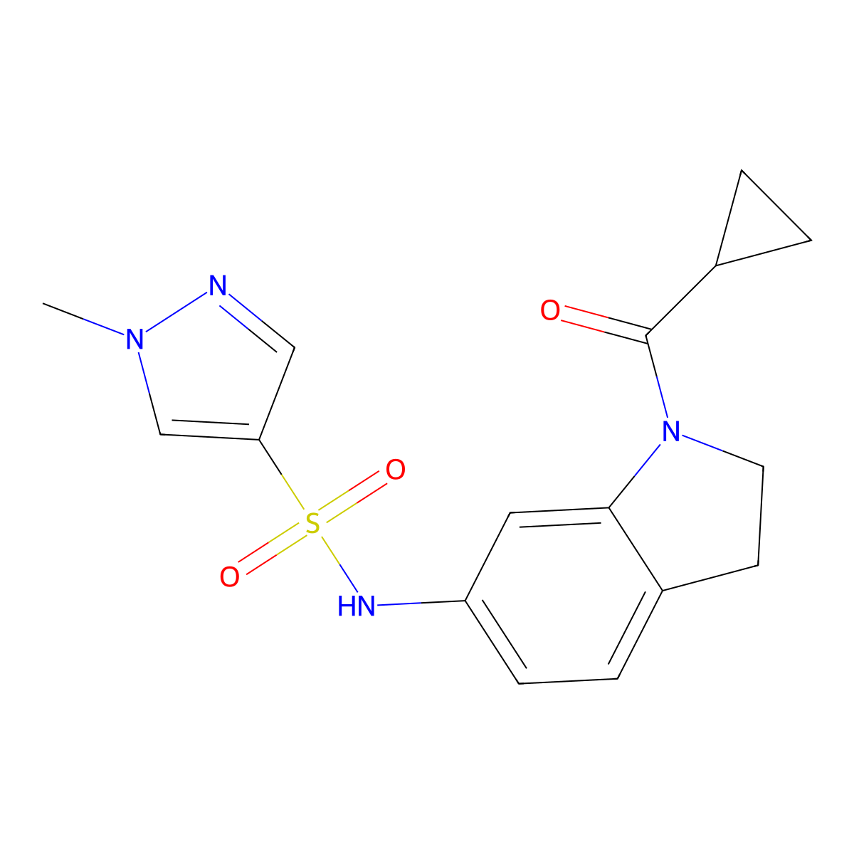 N-(1-(cyclopropanecarbonyl)indolin-6-yl)-1-methyl-1H-pyrazole-4-sulfonamide molecular structure, CAS 1448075-98-6