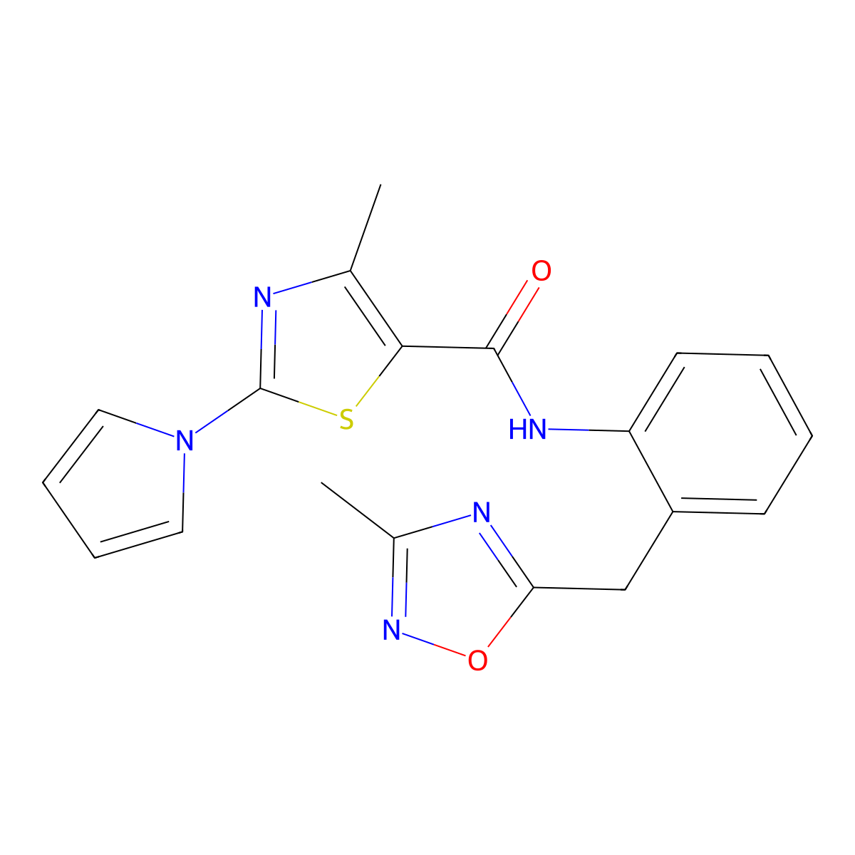 4-methyl-N-(2-((3-methyl-1,2,4-oxadiazol-5-yl)methyl)phenyl)-2-(1H-pyrrol-1-yl)thiazole-5-carboxamide molecular structure, CAS 1448076-00-3