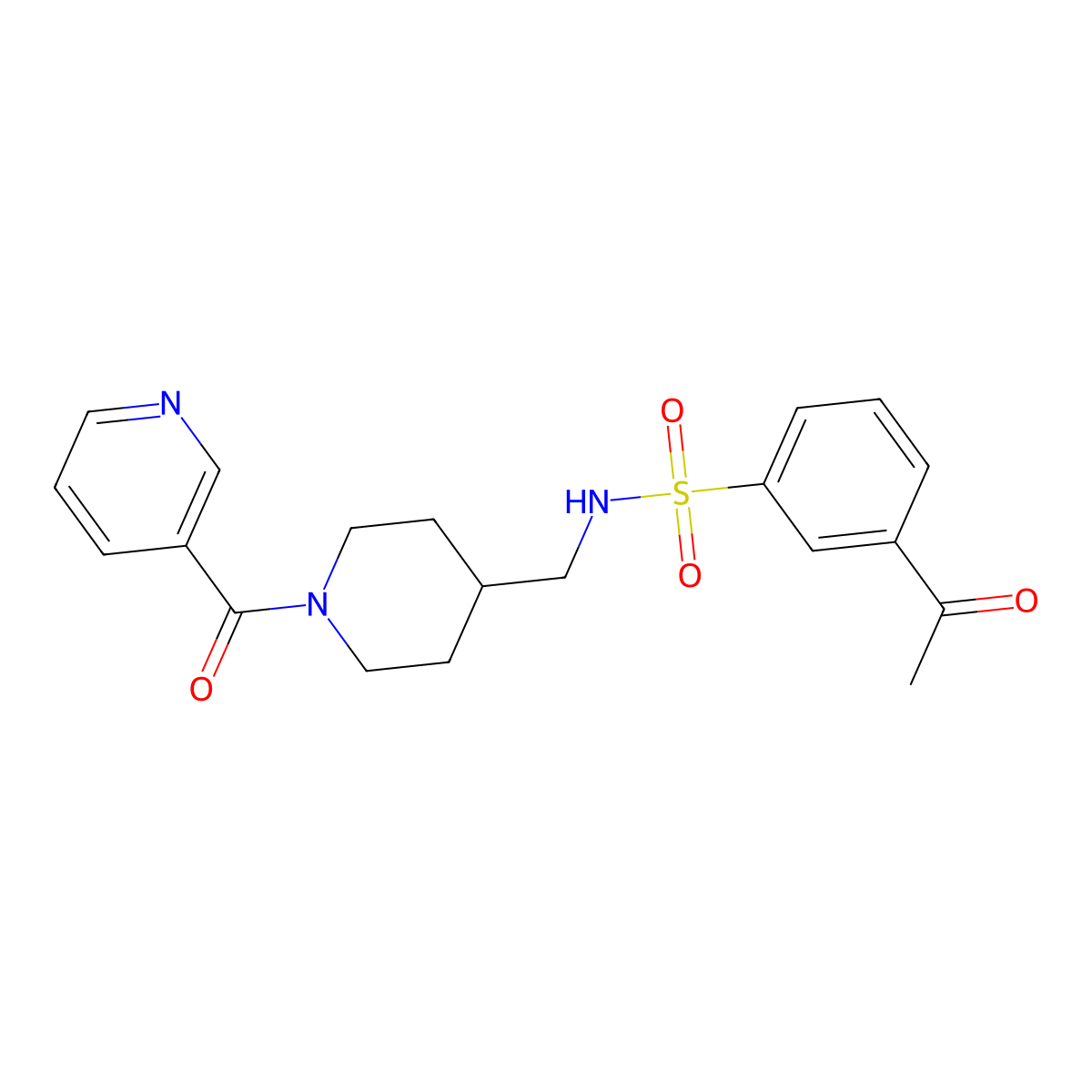 3-acetyl-N-((1-nicotinoylpiperidin-4-yl)methyl)benzenesulfonamide molecular structure, CAS 1448076-01-4