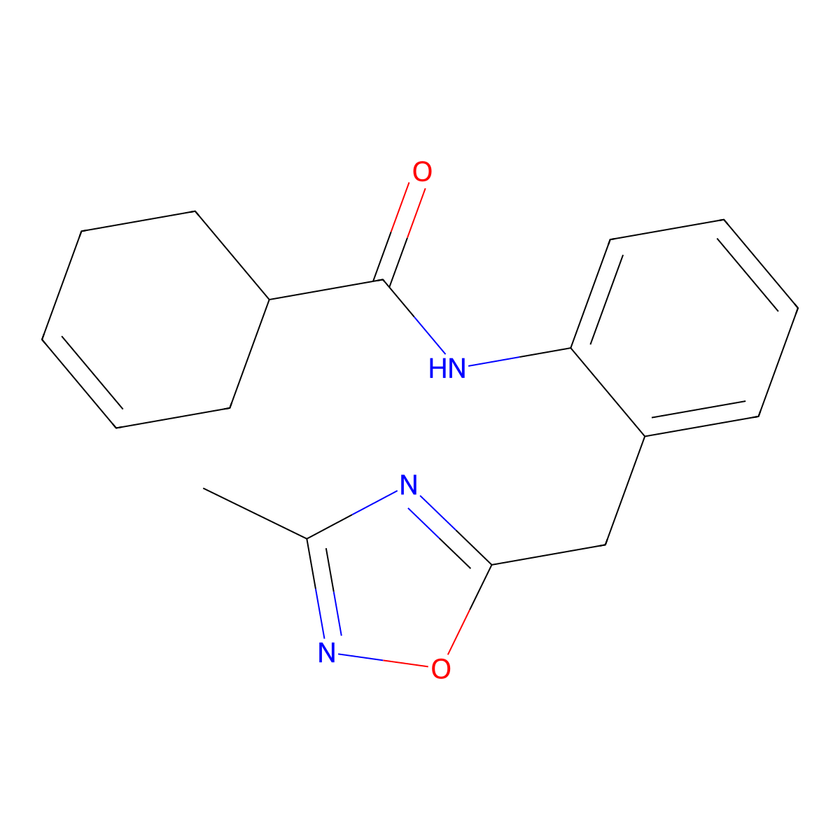N-(2-((3-methyl-1,2,4-oxadiazol-5-yl)methyl)phenyl)cyclohex-3-enecarboxamide molecular structure, CAS 1448076-08-1