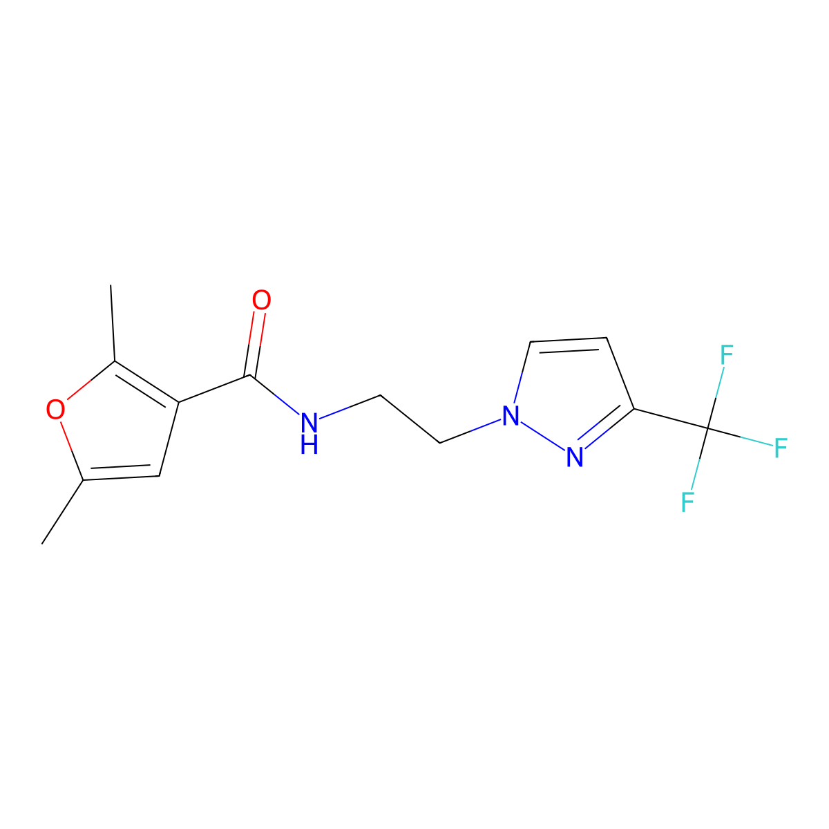 2,5-dimethyl-N-{2-[3-(trifluoromethyl)-1H-pyrazol-1-yl]ethyl}furan-3-carboxamide molecular structure, CAS 1448076-15-0