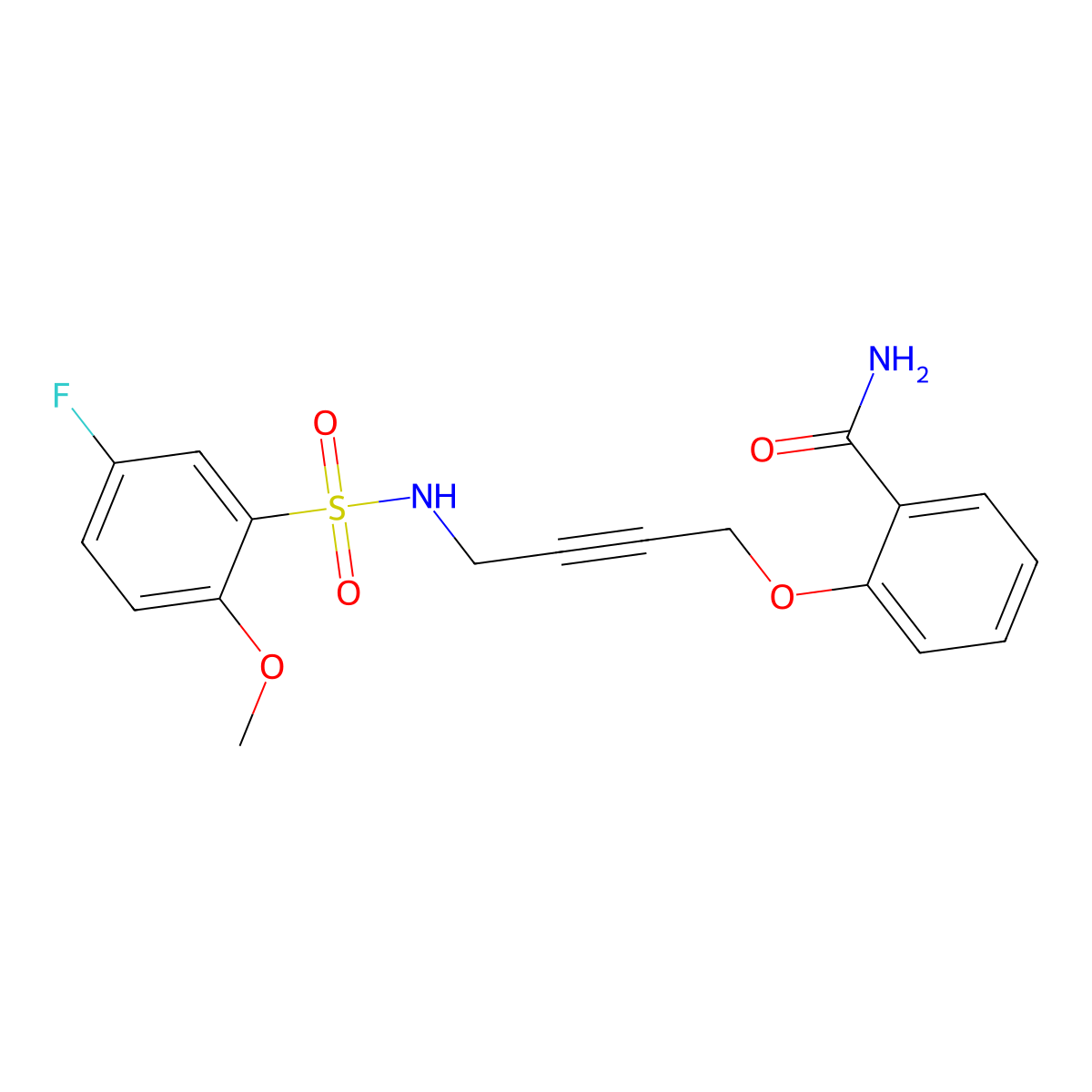 2-{[4-(5-Fluoro-2-methoxybenzenesulfonamido)but-2-YN-1-YL]oxy}benzamide molecular structure, CAS 1448076-18-3