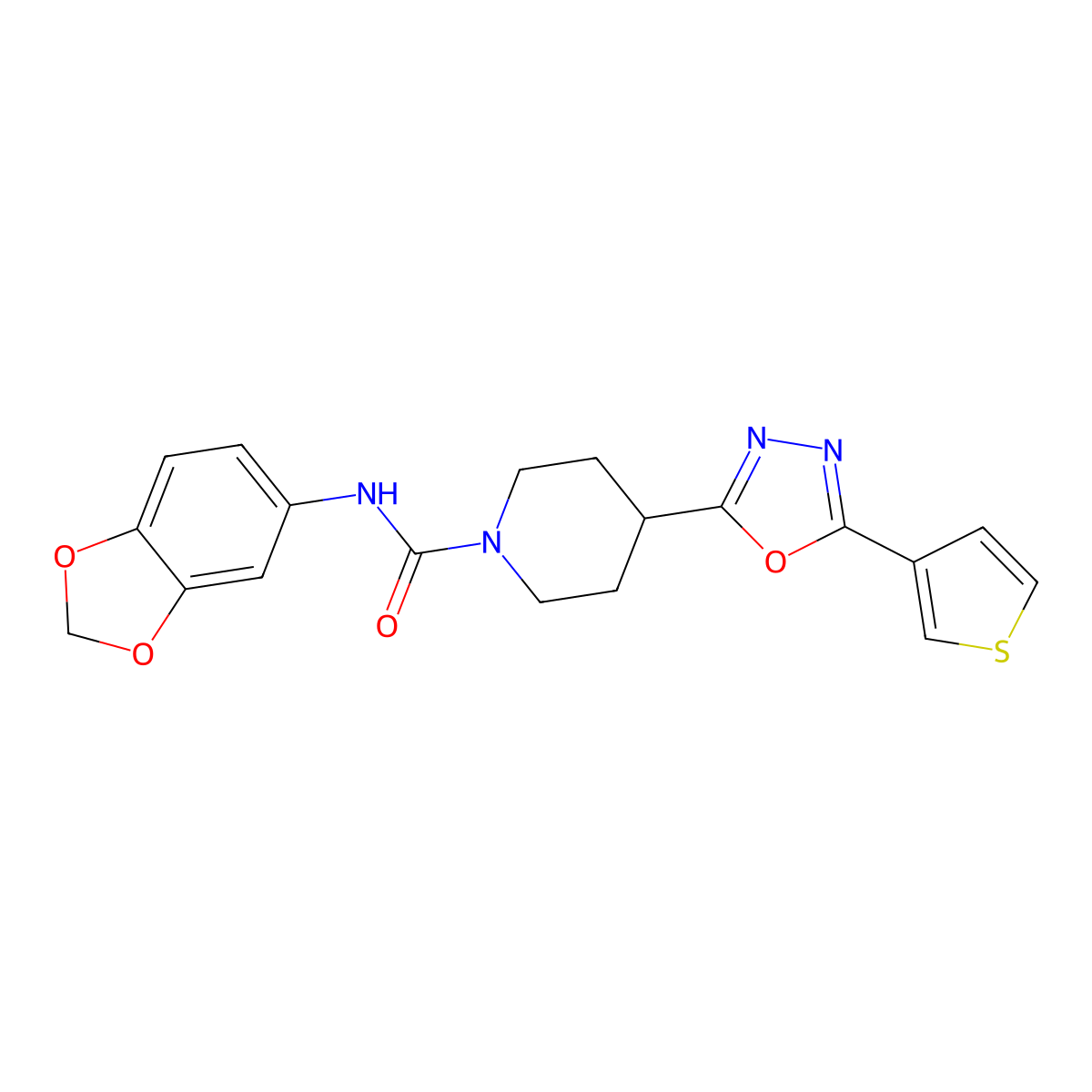 N-(benzo[d][1,3]dioxol-5-yl)-4-(5-(thiophen-3-yl)-1,3,4-oxadiazol-2-yl)piperidine-1-carboxamide molecular structure, CAS 1448076-21-8