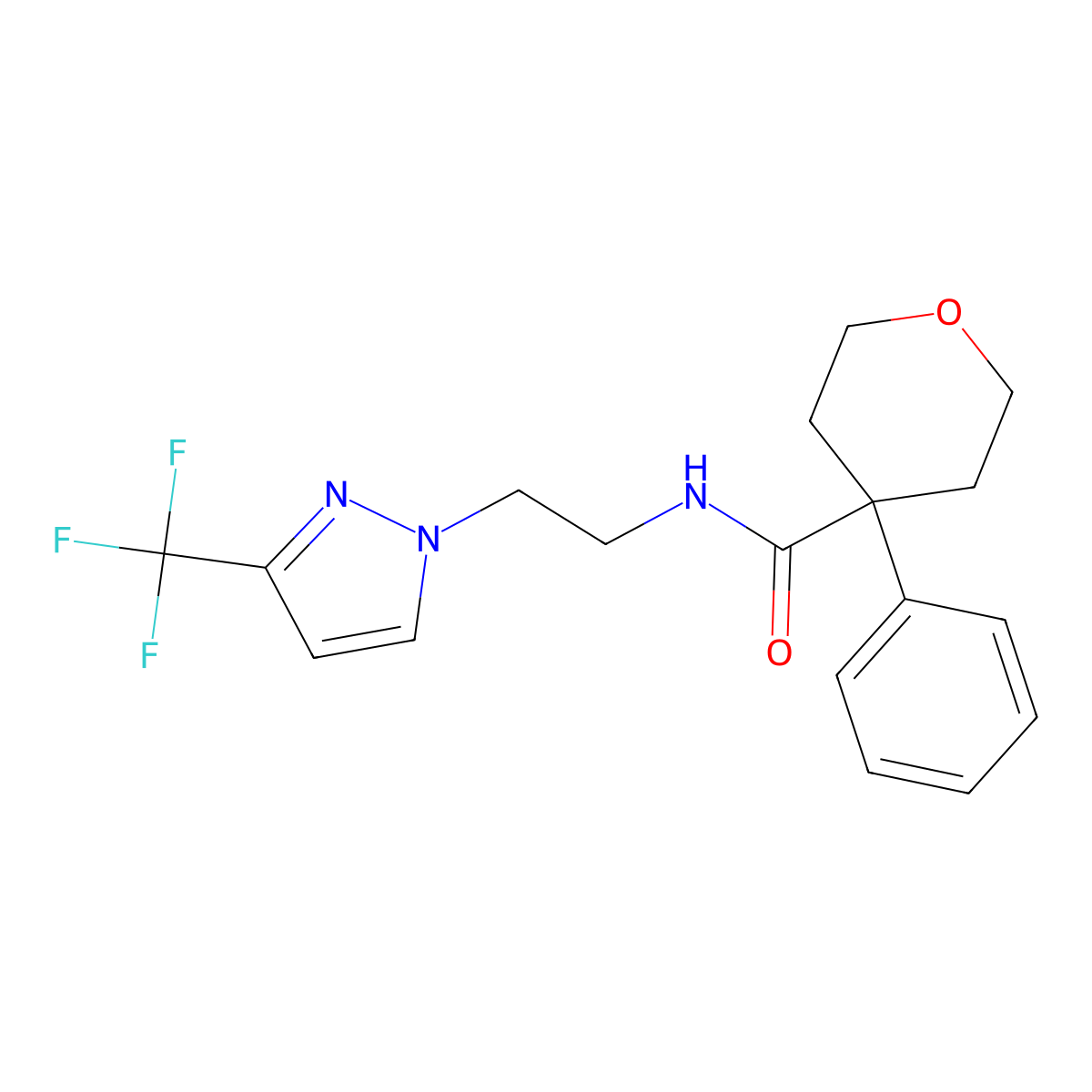 4-phenyl-N-(2-(3-(trifluoromethyl)-1H-pyrazol-1-yl)ethyl)tetrahydro-2H-pyran-4-carboxamide molecular structure, CAS 1448076-24-1