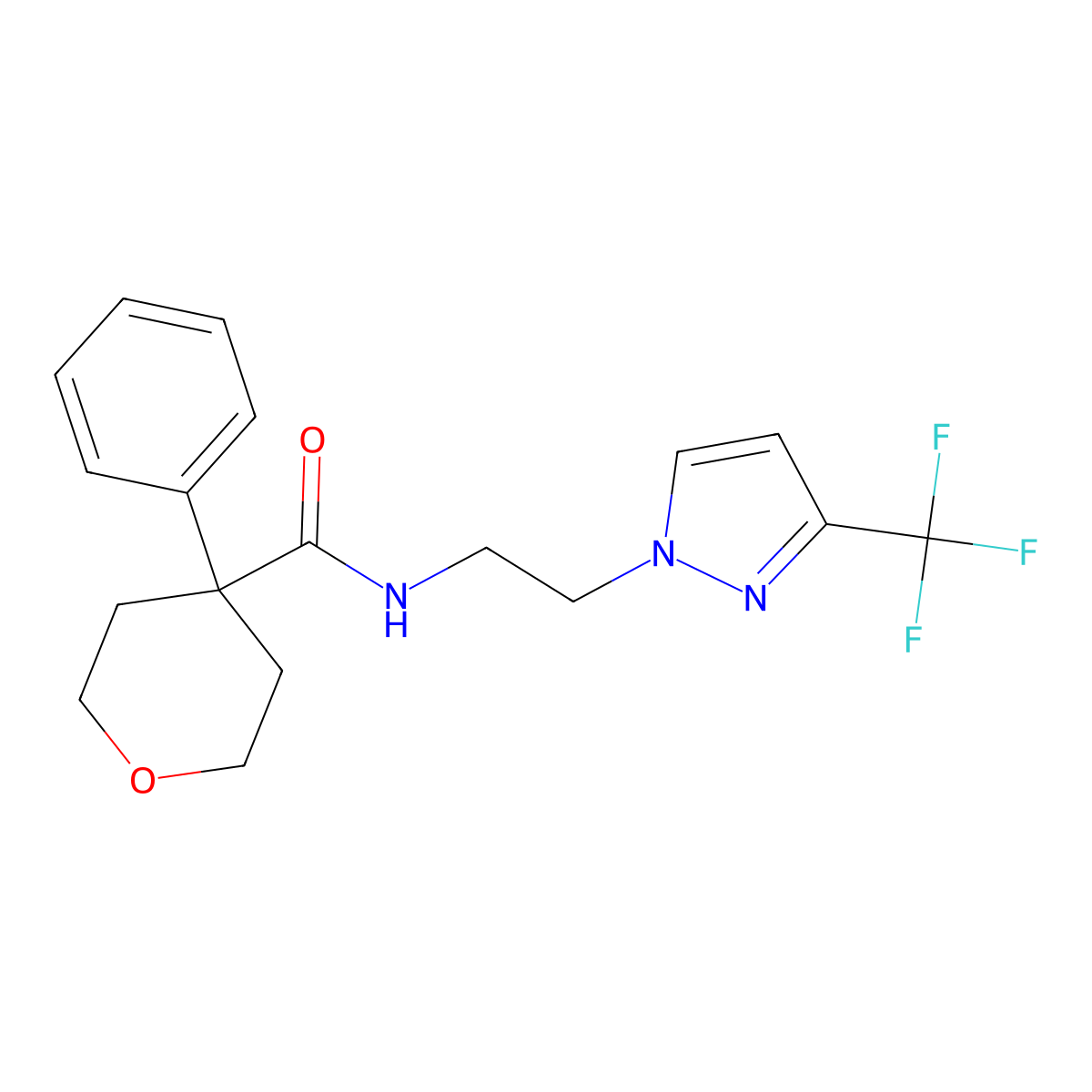 4-phenyl-N-(2-(3-(trifluoromethyl)-1H-pyrazol-1-yl)ethyl)tetrahydro-2H-pyran-4-carboxamide molecular structure, CAS 1448076-24-1
