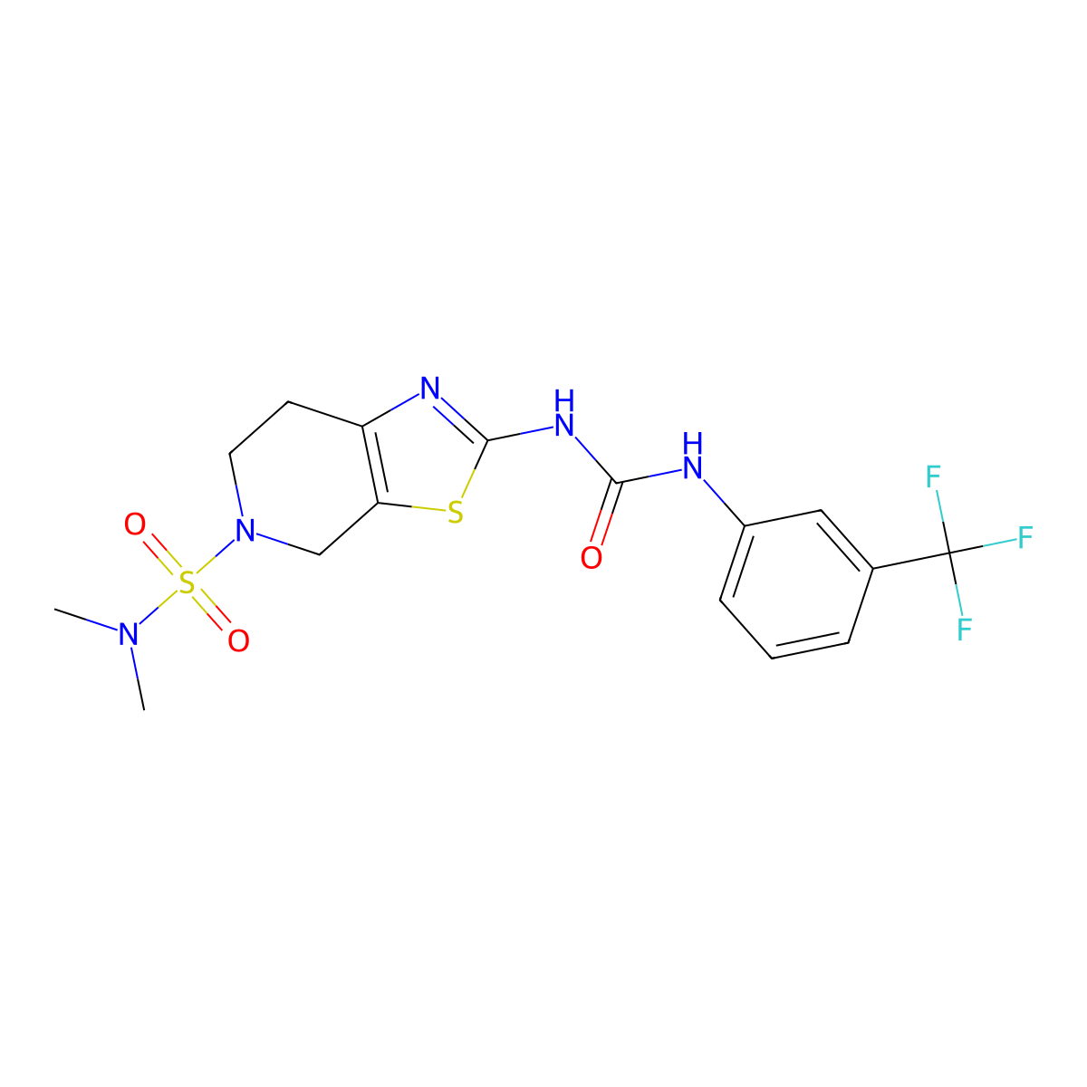 N,N-dimethyl-2-(3-(3-(trifluoromethyl)phenyl)ureido)-6,7-dihydrothiazolo[5,4-c]pyridine-5(4H)-sulfonamide molecular structure, CAS 1448076-35-4