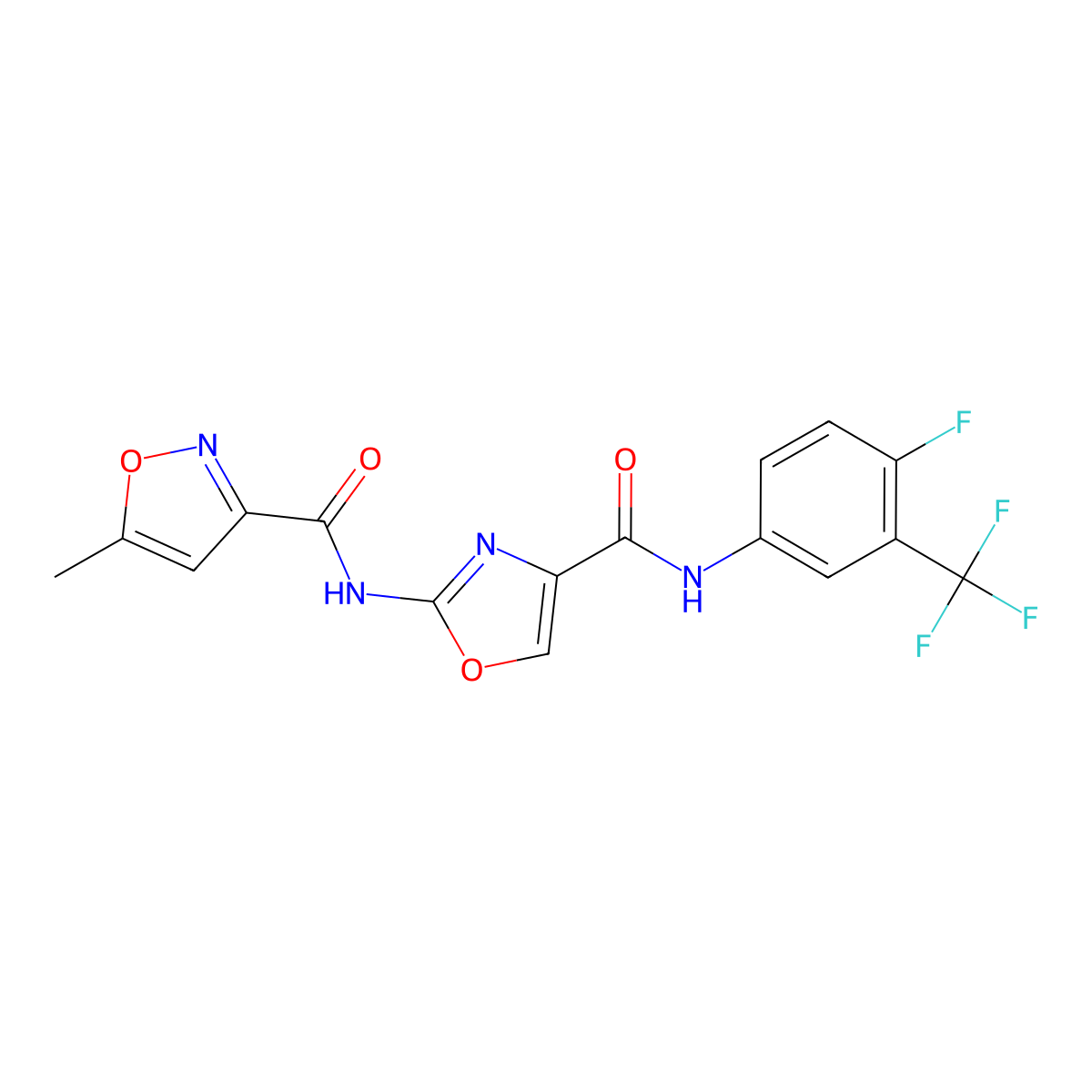 N-(4-((4-fluoro-3-(trifluoromethyl)phenyl)carbamoyl)oxazol-2-yl)-5-methylisoxazole-3-carboxamide molecular structure, CAS 1448076-43-4