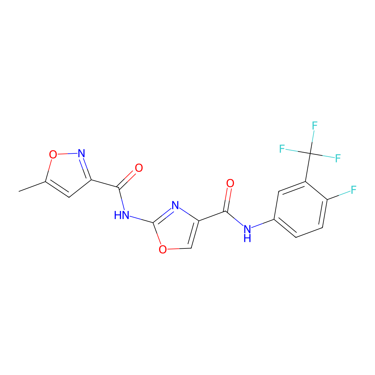 N-(4-((4-fluoro-3-(trifluoromethyl)phenyl)carbamoyl)oxazol-2-yl)-5-methylisoxazole-3-carboxamide molecular structure, CAS 1448076-43-4