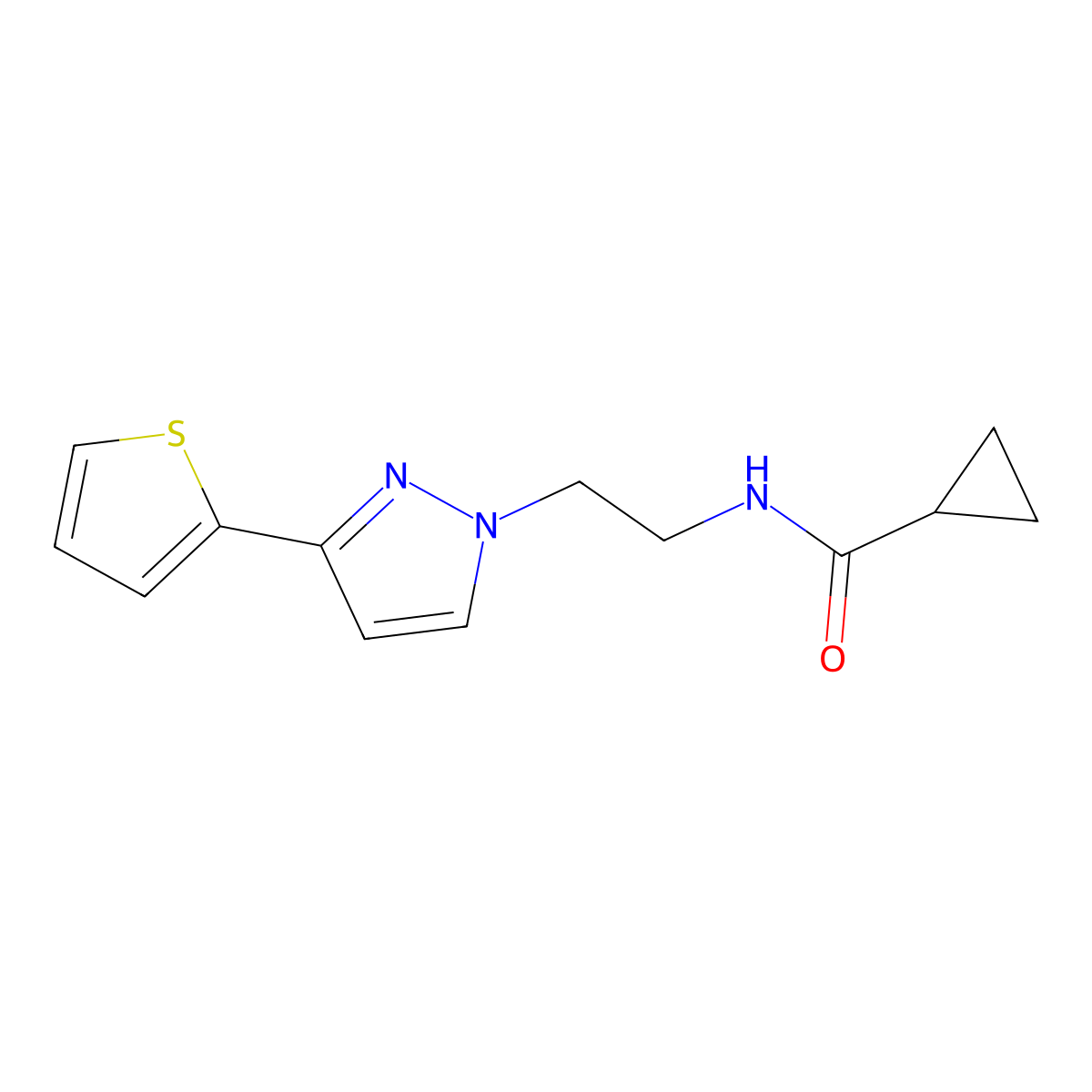 N-(2-(3-(thiophen-2-yl)-1H-pyrazol-1-yl)ethyl)cyclopropanecarboxamide molecular structure, CAS 1448076-44-5