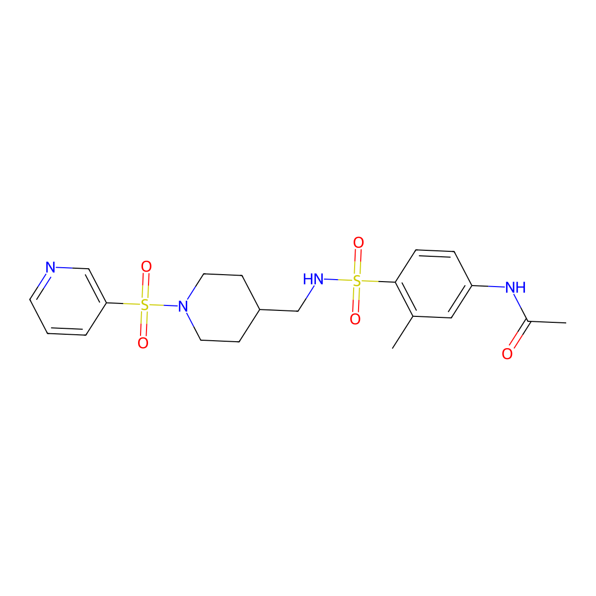 N-(3-methyl-4-(N-((1-(pyridin-3-ylsulfonyl)piperidin-4-yl)methyl)sulfamoyl)phenyl)acetamide molecular structure, CAS 1448076-45-6