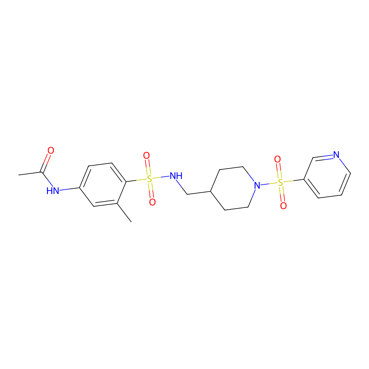 N-(3-methyl-4-(N-((1-(pyridin-3-ylsulfonyl)piperidin-4-yl)methyl)sulfamoyl)phenyl)acetamide molecular structure, CAS 1448076-45-6