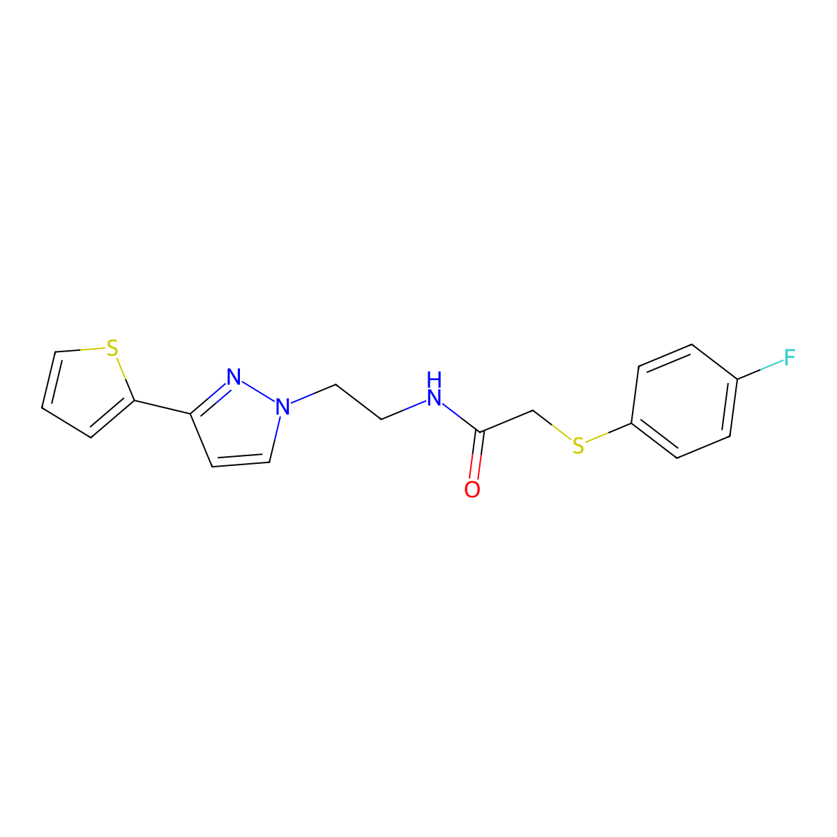 2-((4-fluorophenyl)thio)-N-(2-(3-(thiophen-2-yl)-1H-pyrazol-1-yl)ethyl)acetamide molecular structure, CAS 1448076-50-3