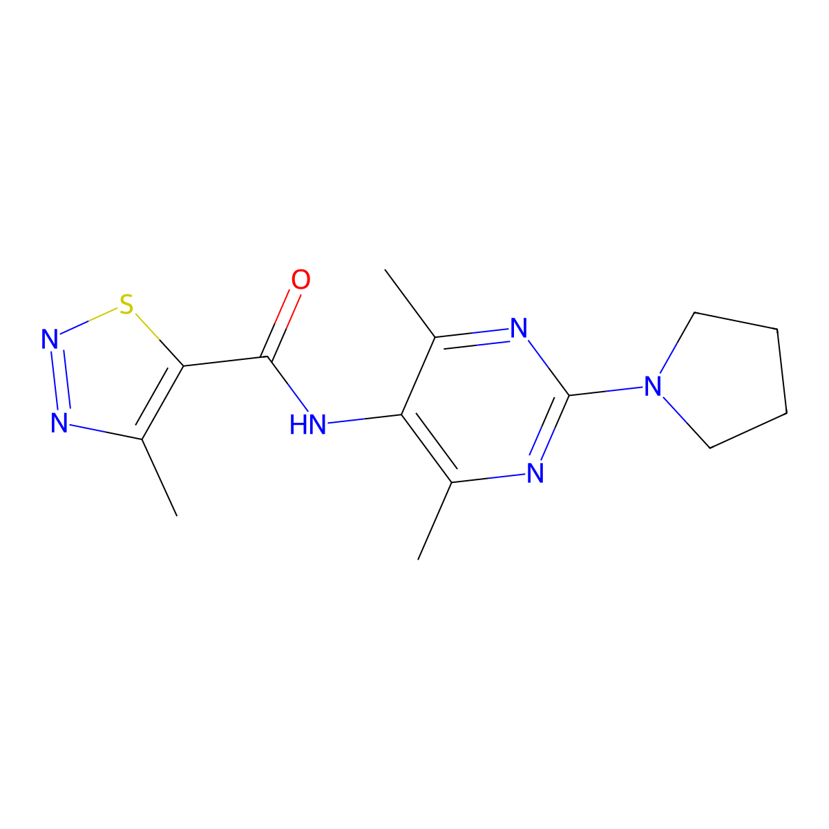 N-[4,6-Dimethyl-2-(pyrrolidin-1-YL)pyrimidin-5-YL]-4-methyl-1,2,3-thiadiazole-5-carboxamide molecular structure, CAS 1448076-61-6
