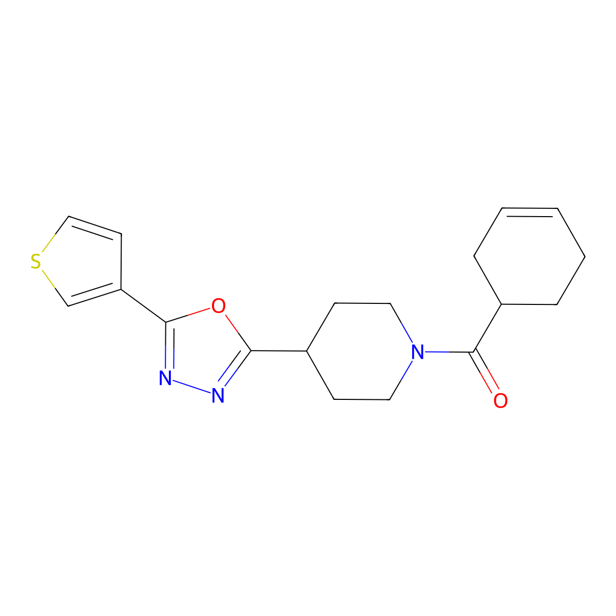 Cyclohex-3-en-1-yl(4-(5-(thiophen-3-yl)-1,3,4-oxadiazol-2-yl)piperidin-1-yl)methanone molecular structure, CAS 1448076-80-9