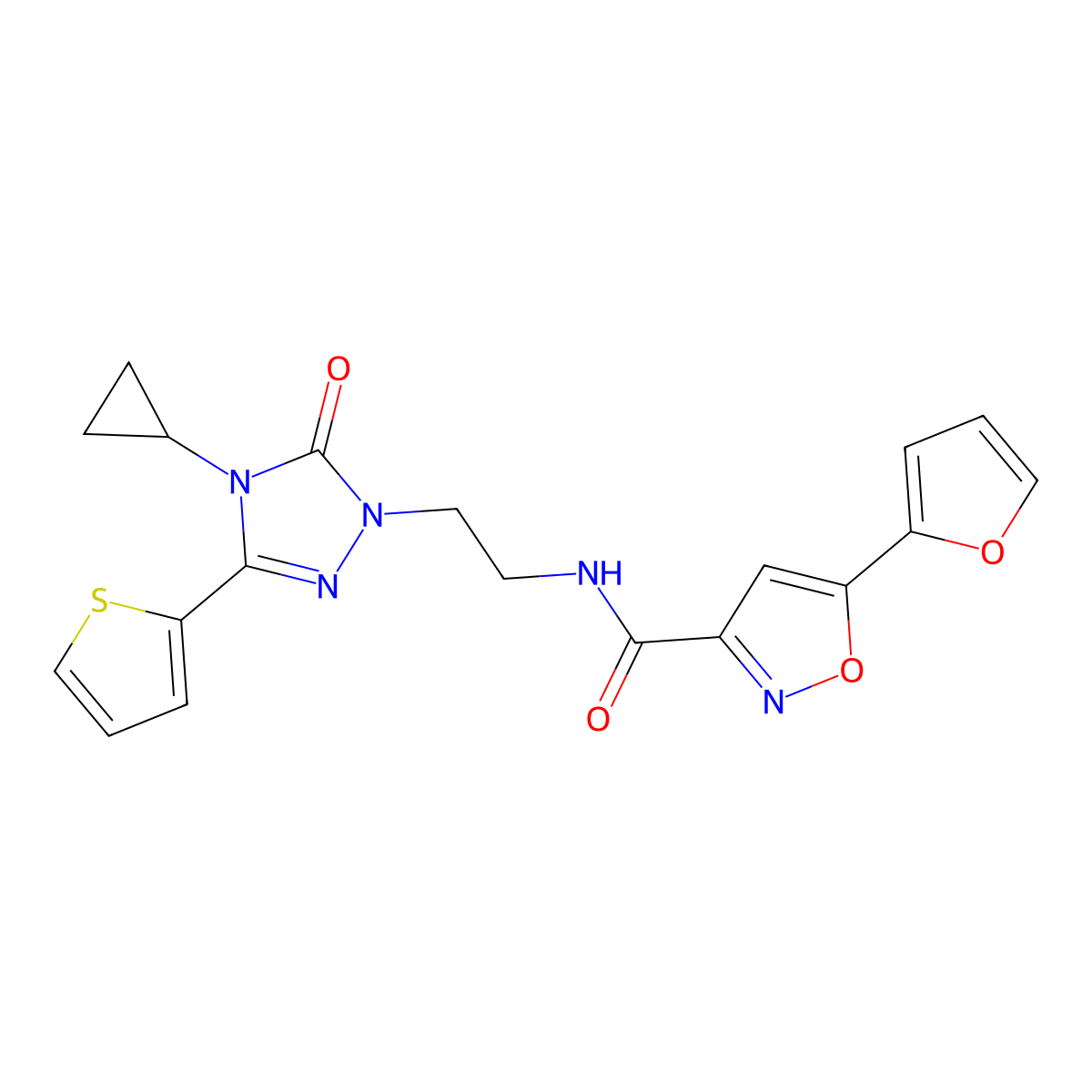 N-(2-(4-cyclopropyl-5-oxo-3-(thiophen-2-yl)-4,5-dihydro-1H-1,2,4-triazol-1-yl)ethyl)-5-(furan-2-yl)isoxazole-3-carboxamide molecular structure, CAS 1448076-85-4
