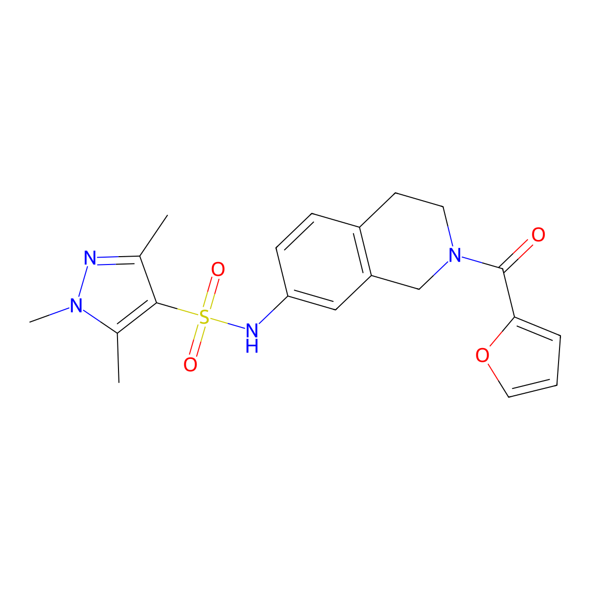 N-[2-(furan-2-carbonyl)-1,2,3,4-tetrahydroisoquinolin-7-yl]-1,3,5-trimethyl-1H-pyrazole-4-sulfonamide molecular structure, CAS 1448076-87-6