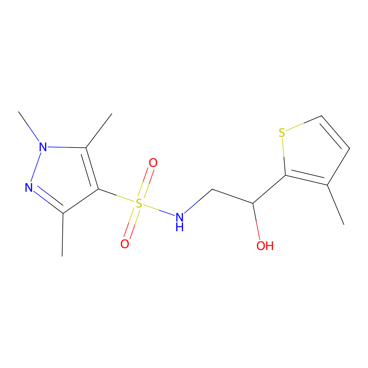 N-[2-hydroxy-2-(3-methylthiophen-2-yl)ethyl]-1,3,5-trimethyl-1H-pyrazole-4-sulfonamide molecular structure, CAS 1448076-93-4