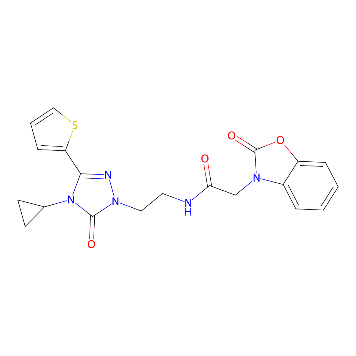 N-(2-(4-cyclopropyl-5-oxo-3-(thiophen-2-yl)-4,5-dihydro-1H-1,2,4-triazol-1-yl)ethyl)-2-(2-oxobenzo[d]oxazol-3(2H)-yl)acetamide molecular structure, CAS 1448076-97-8