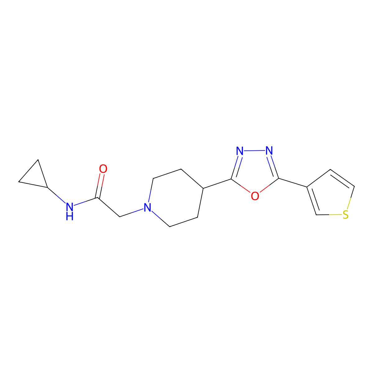 N-cyclopropyl-2-(4-(5-(thiophen-3-yl)-1,3,4-oxadiazol-2-yl)piperidin-1-yl)acetamide molecular structure, CAS 1448077-01-7
