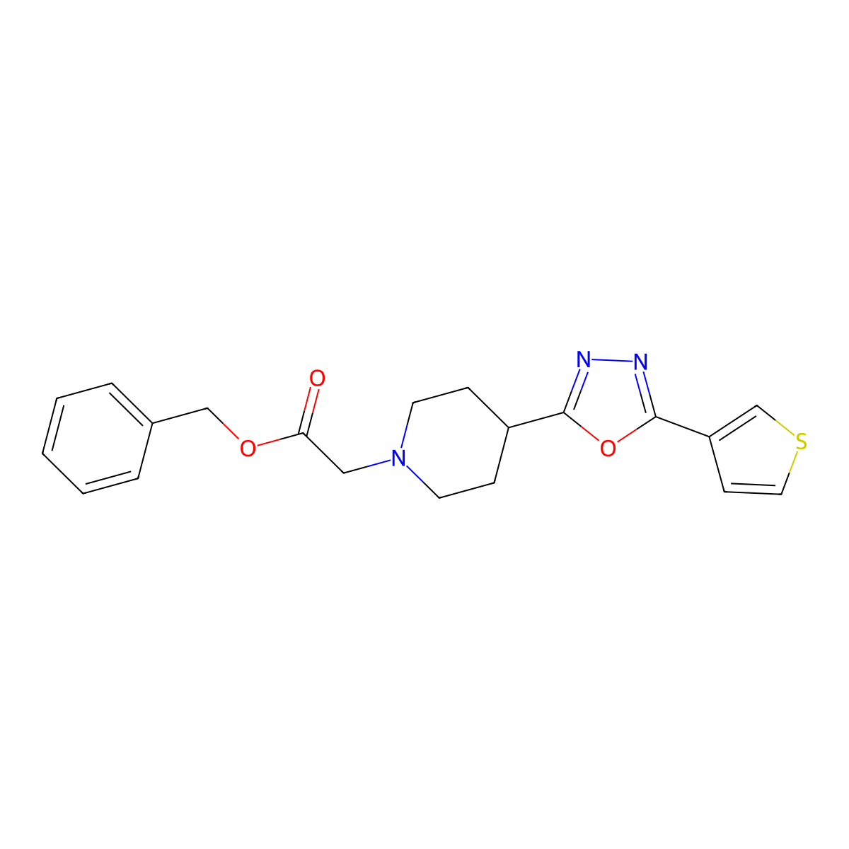 Benzyl 2-(4-(5-(thiophen-3-yl)-1,3,4-oxadiazol-2-yl)piperidin-1-yl)acetate molecular structure, CAS 1448077-12-0
