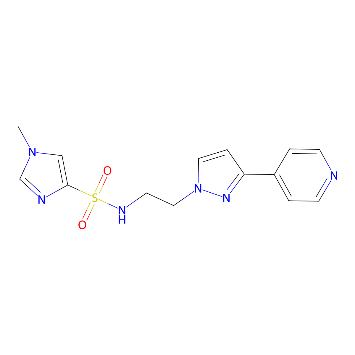 1-methyl-N-{2-[3-(pyridin-4-yl)-1H-pyrazol-1-yl]ethyl}-1H-imidazole-4-sulfonamide molecular structure, CAS 1448077-21-1
