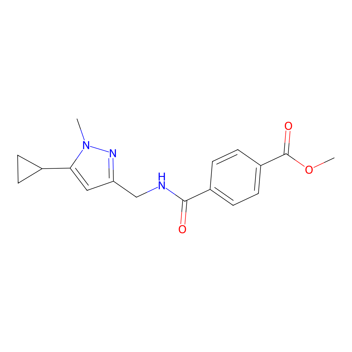 methyl 4-{[(5-cyclopropyl-1-methyl-1H-pyrazol-3-yl)methyl]carbamoyl}benzoate molecular structure, CAS 1448077-28-8