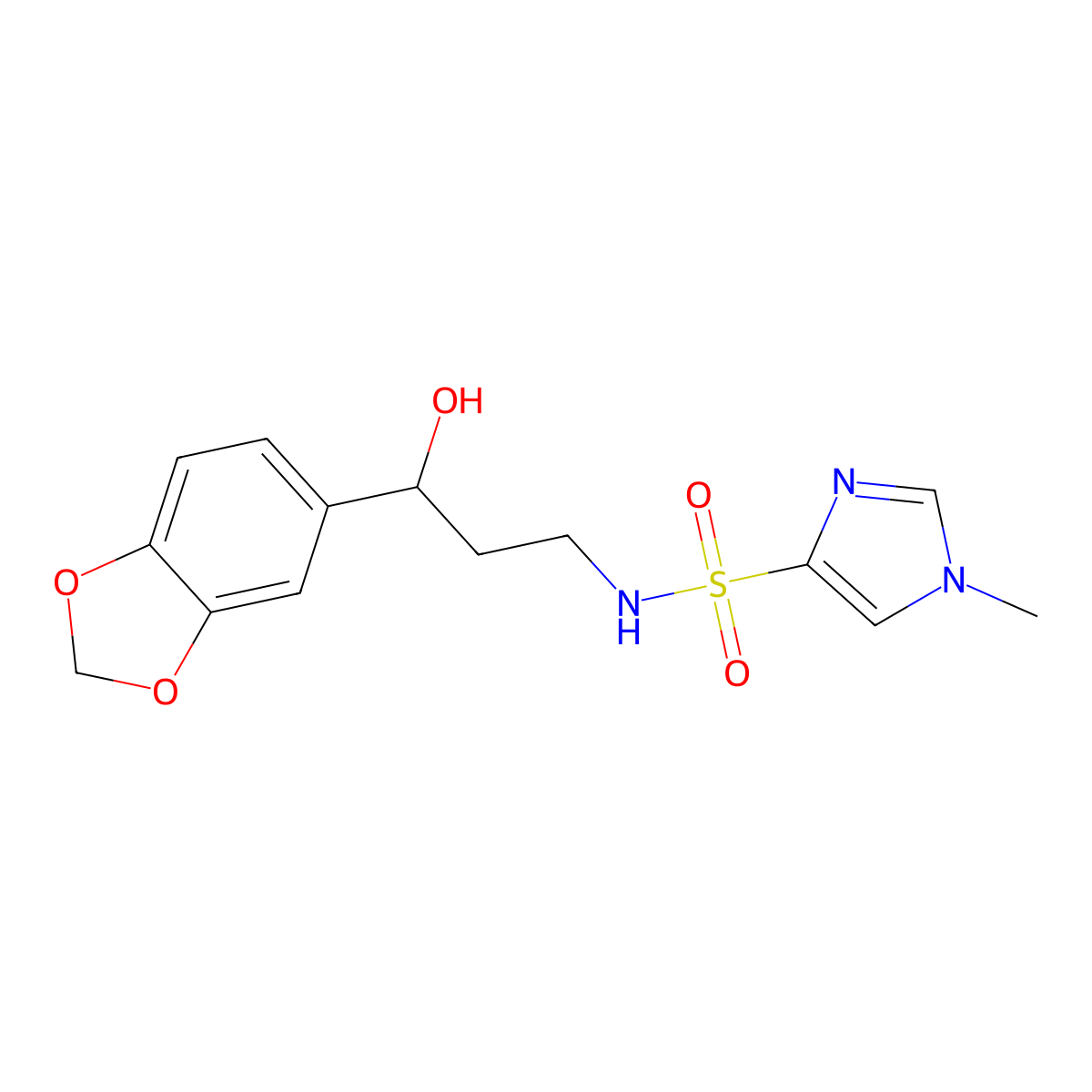 N-(3-(benzo[d][1,3]dioxol-5-yl)-3-hydroxypropyl)-1-methyl-1H-imidazole-4-sulfonamide molecular structure, CAS 1448077-34-6