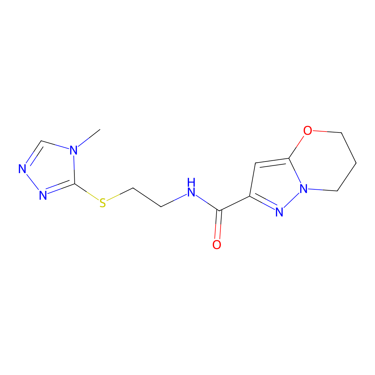 N-(2-((4-methyl-4H-1,2,4-triazol-3-yl)thio)ethyl)-6,7-dihydro-5H-pyrazolo[5,1-b][1,3]oxazine-2-carboxamide molecular structure, CAS 1448077-37-9