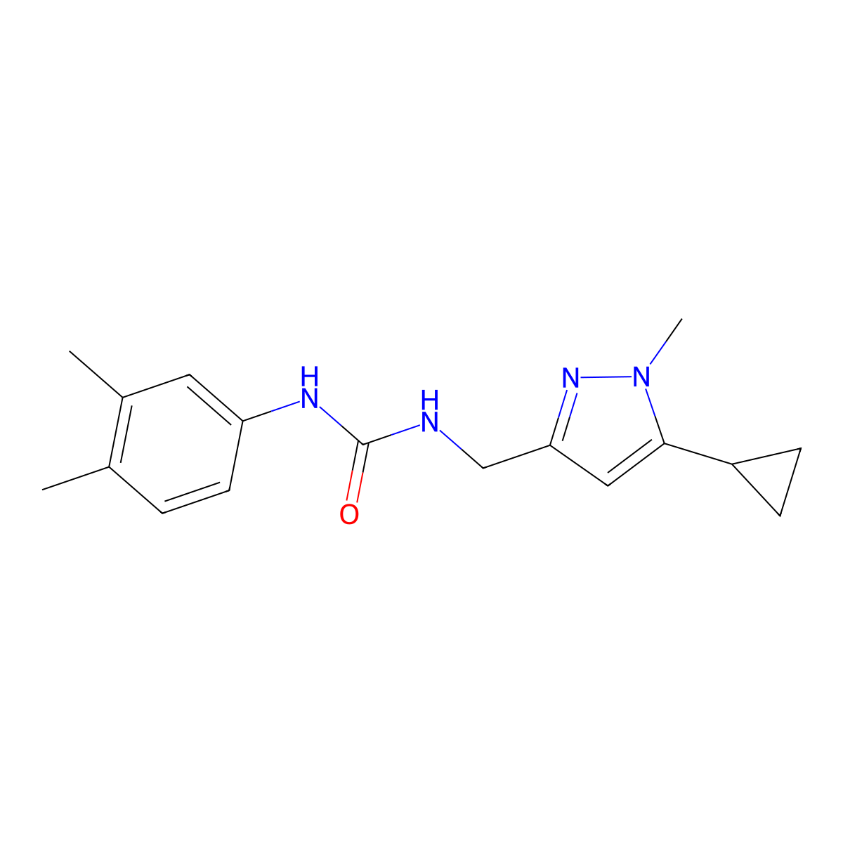1-((5-cyclopropyl-1-methyl-1H-pyrazol-3-yl)methyl)-3-(3,4-dimethylphenyl)urea molecular structure, CAS 1448077-38-0