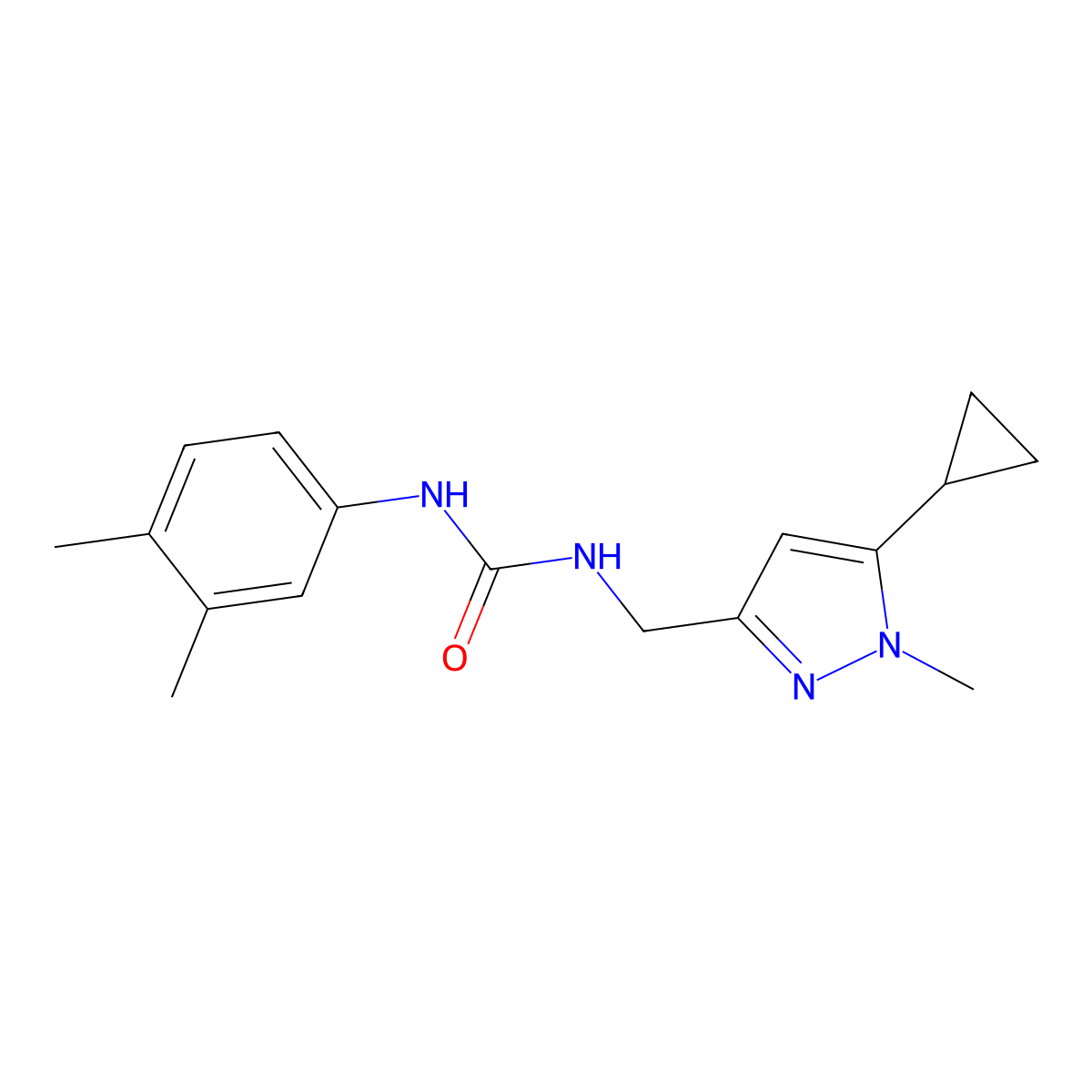 1-((5-cyclopropyl-1-methyl-1H-pyrazol-3-yl)methyl)-3-(3,4-dimethylphenyl)urea molecular structure, CAS 1448077-38-0