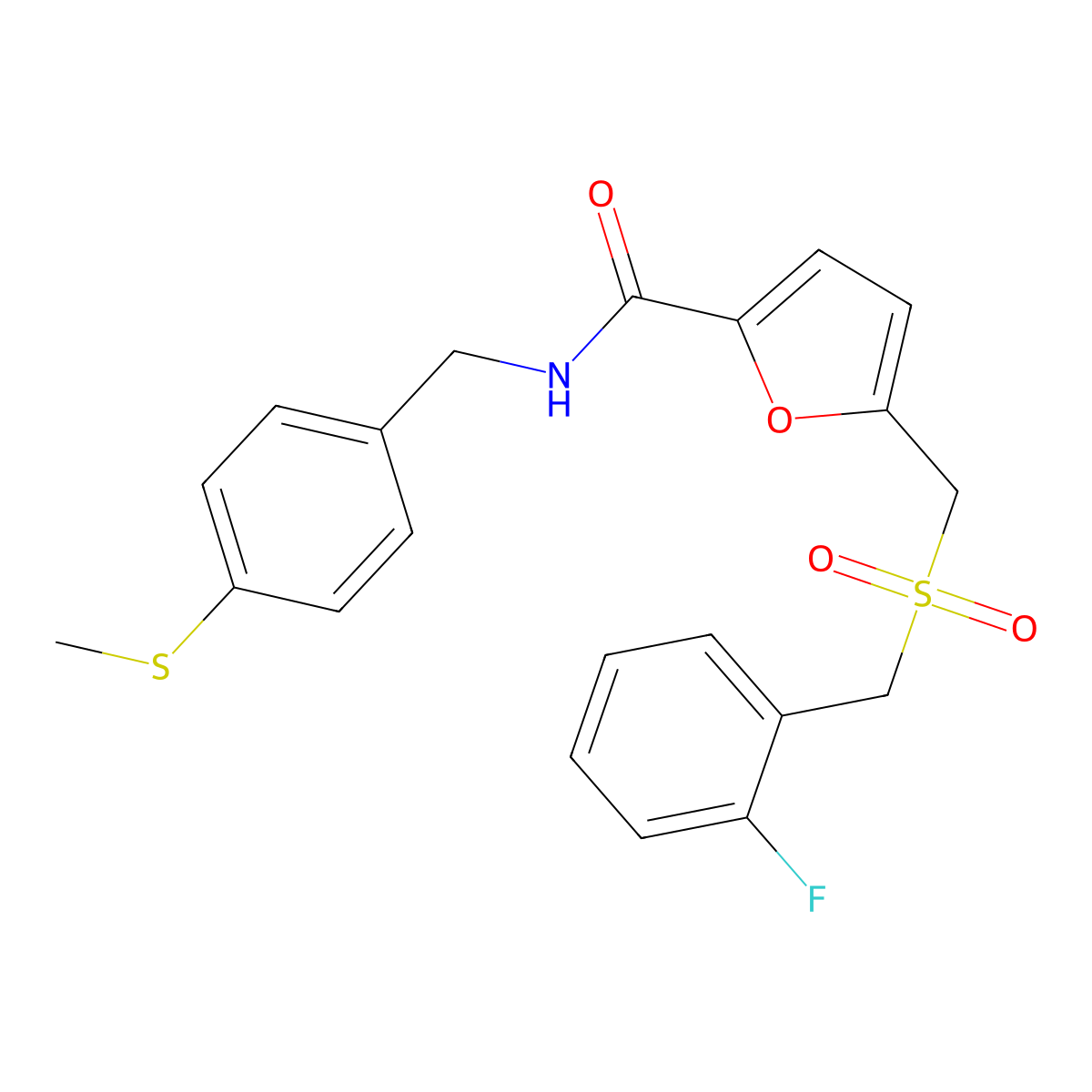 5-(((2-fluorobenzyl)sulfonyl)methyl)-N-(4-(methylthio)benzyl)furan-2-carboxamide molecular structure, CAS 1448077-42-6