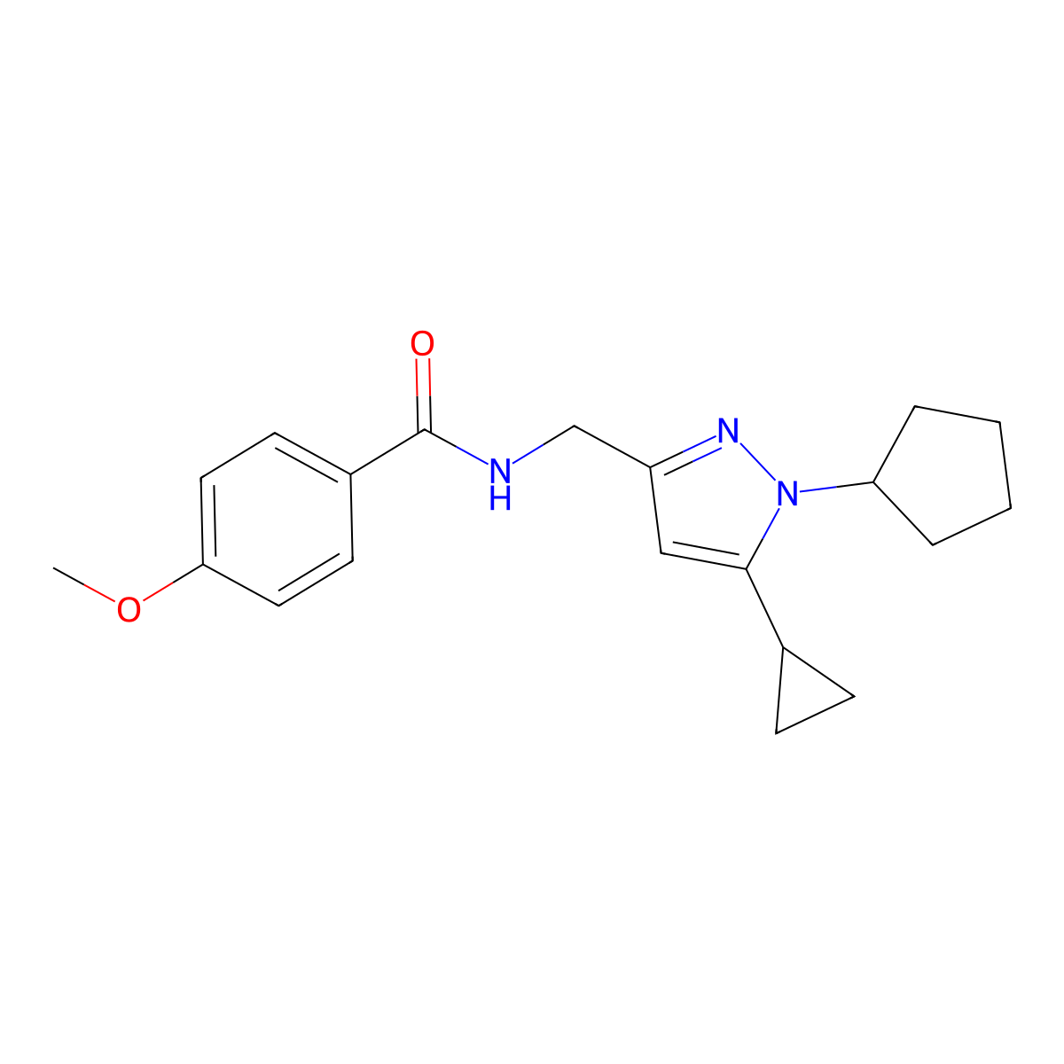 N-[(1-cyclopentyl-5-cyclopropyl-1H-pyrazol-3-yl)methyl]-4-methoxybenzamide molecular structure, CAS 1448077-46-0