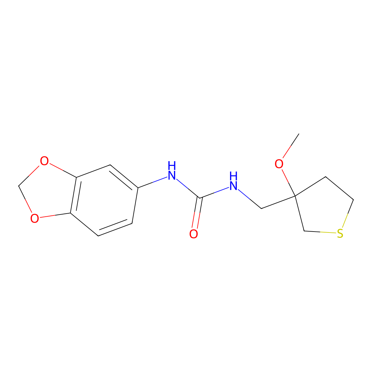 1-(Benzo[d][1,3]dioxol-5-yl)-3-((3-methoxytetrahydrothiophen-3-yl)methyl)urea molecular structure, CAS 1448077-53-9