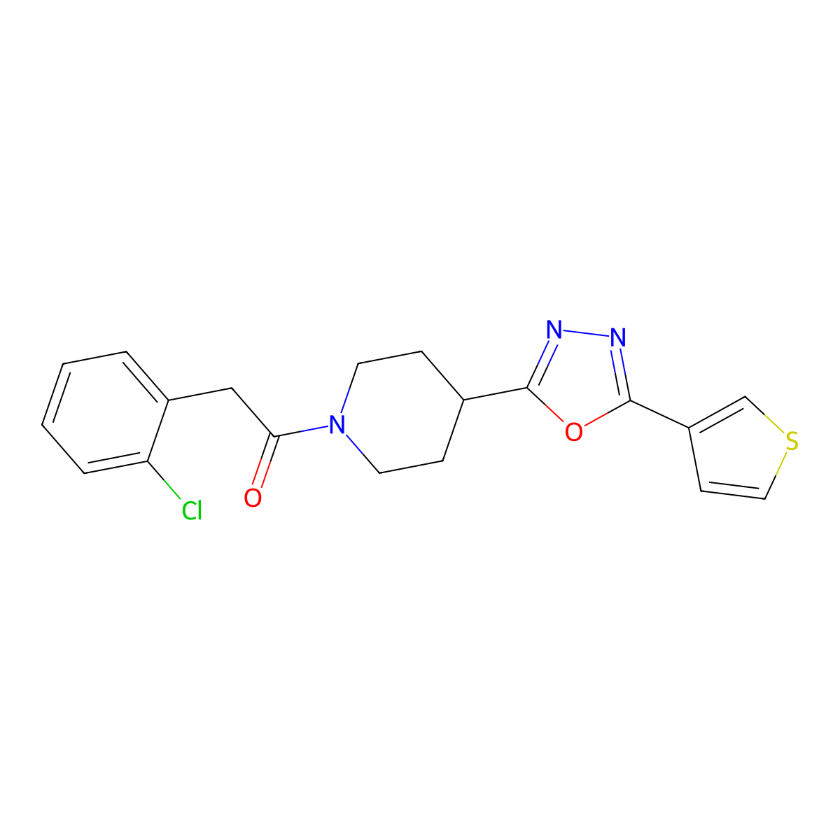 2-(2-Chlorophenyl)-1-(4-(5-(thiophen-3-yl)-1,3,4-oxadiazol-2-yl)piperidin-1-yl)ethanone molecular structure, CAS 1448077-54-0