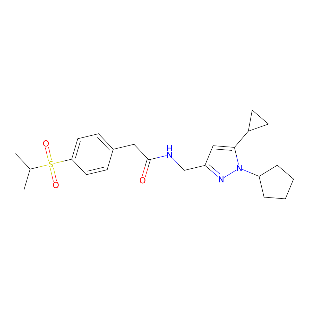 N-((1-cyclopentyl-5-cyclopropyl-1H-pyrazol-3-yl)methyl)-2-(4-(isopropylsulfonyl)phenyl)acetamide molecular structure, CAS 1448077-57-3