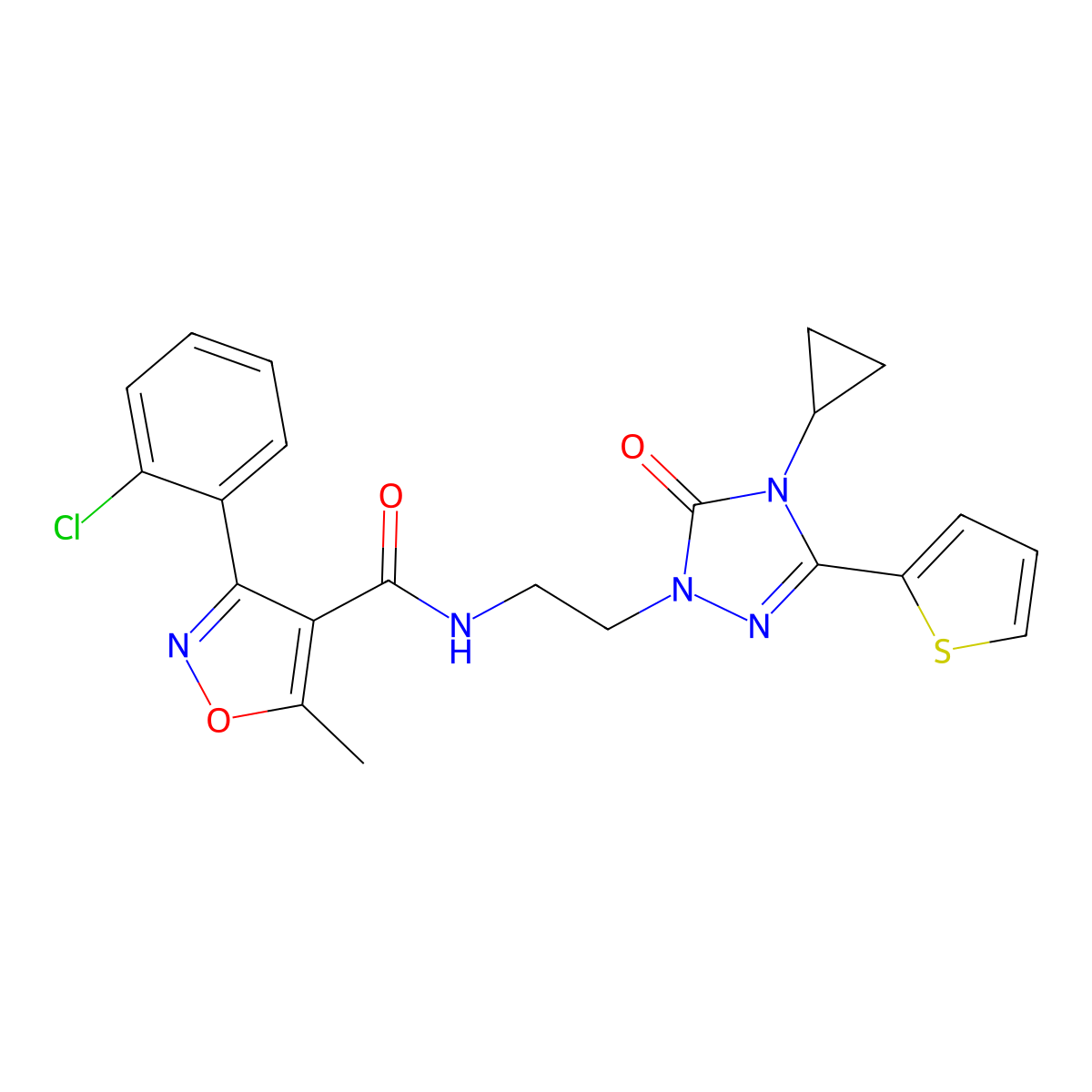 3-(2-chlorophenyl)-N-(2-(4-cyclopropyl-5-oxo-3-(thiophen-2-yl)-4,5-dihydro-1H-1,2,4-triazol-1-yl)ethyl)-5-methylisoxazole-4-carboxamide molecular structure, CAS 1448077-63-1