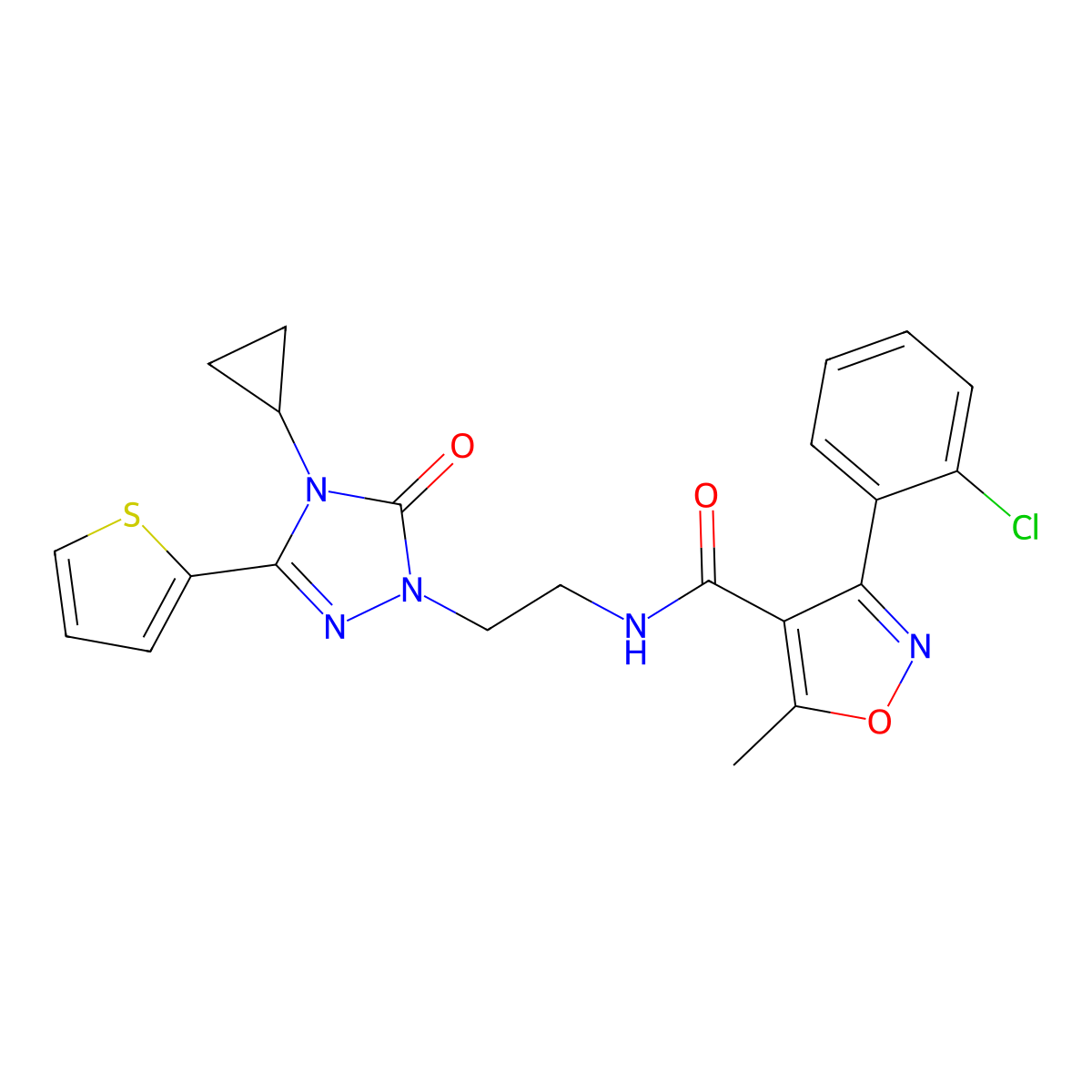 3-(2-chlorophenyl)-N-(2-(4-cyclopropyl-5-oxo-3-(thiophen-2-yl)-4,5-dihydro-1H-1,2,4-triazol-1-yl)ethyl)-5-methylisoxazole-4-carboxamide molecular structure, CAS 1448077-63-1