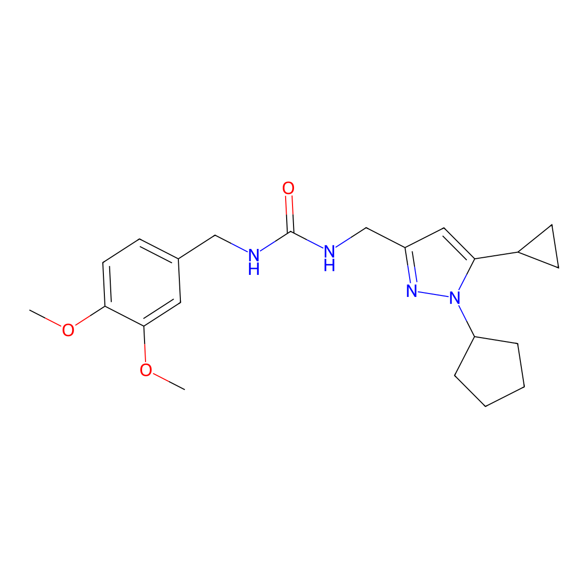 1-((1-cyclopentyl-5-cyclopropyl-1H-pyrazol-3-yl)methyl)-3-(3,4-dimethoxybenzyl)urea molecular structure, CAS 1448077-65-3