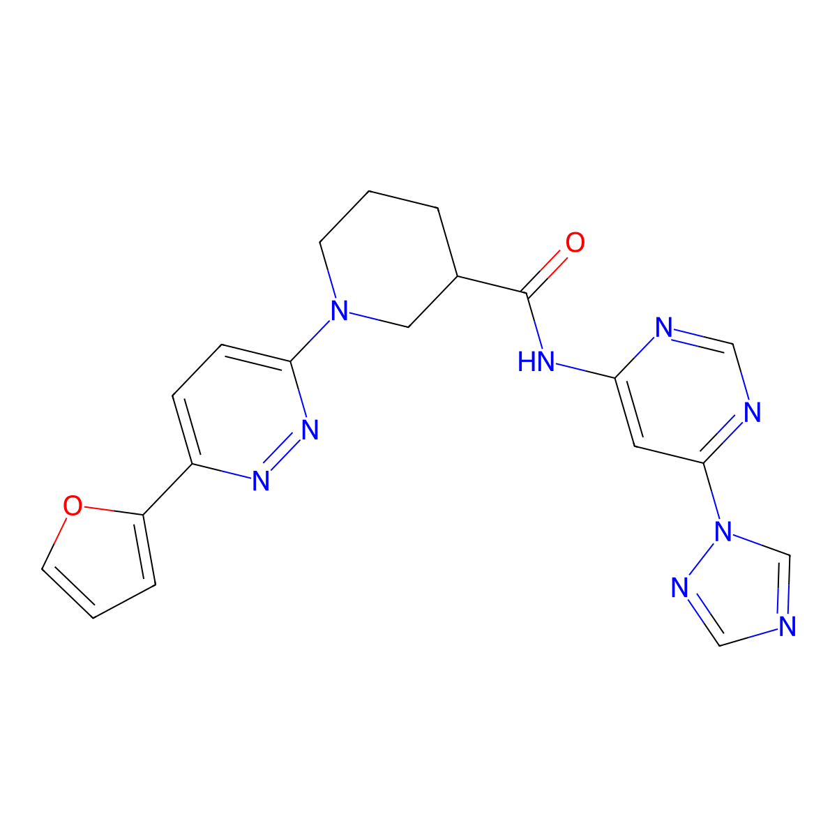 N-(6-(1H-1,2,4-triazol-1-yl)pyrimidin-4-yl)-1-(6-(furan-2-yl)pyridazin-3-yl)piperidine-3-carboxamide molecular structure, CAS 1448077-68-6
