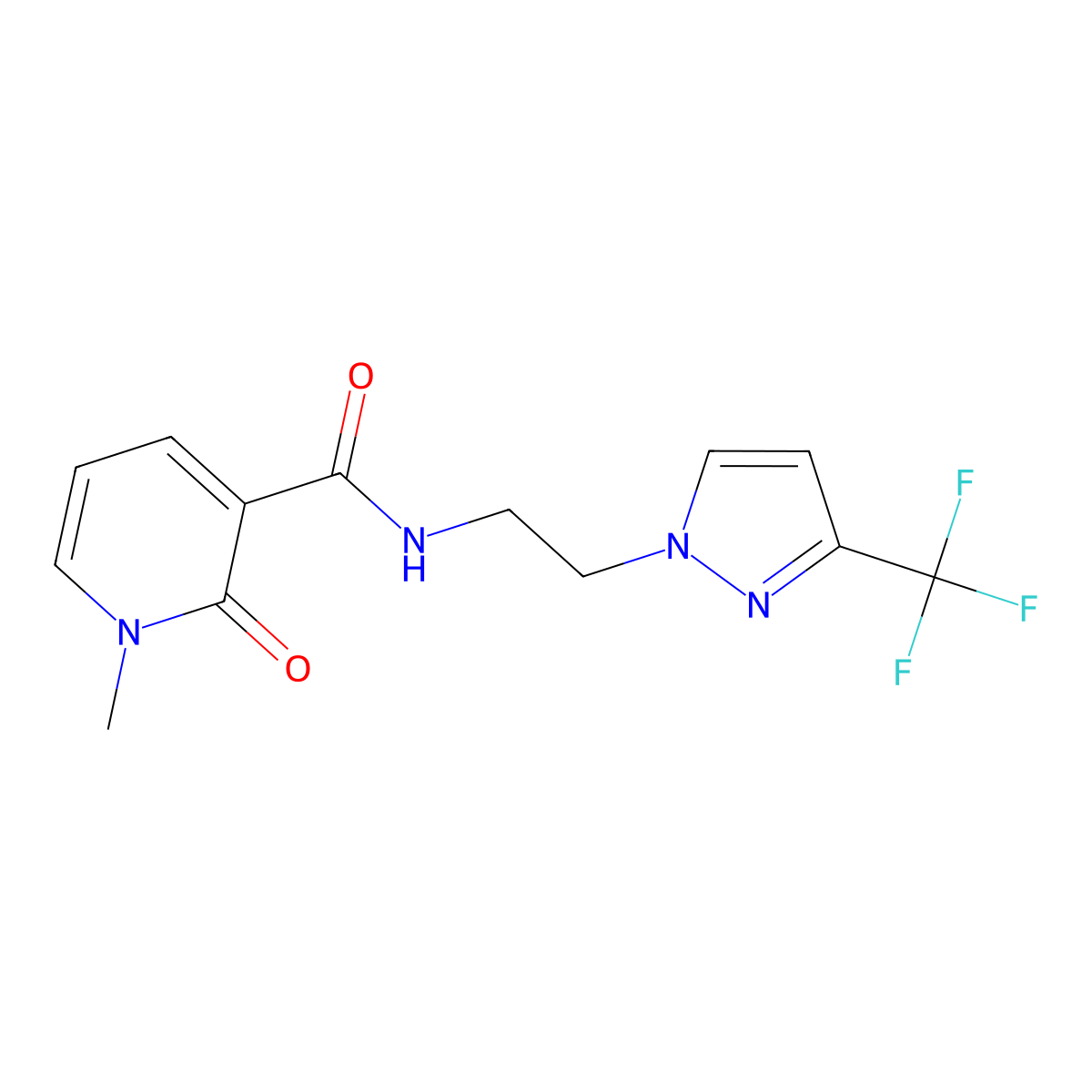 1-methyl-2-oxo-N-{2-[3-(trifluoromethyl)-1H-pyrazol-1-yl]ethyl}-1,2-dihydropyridine-3-carboxamide molecular structure, CAS 1448077-69-7