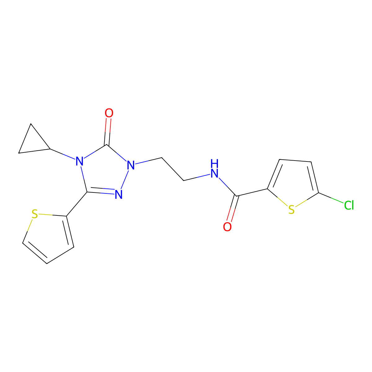 5-chloro-N-{2-[4-cyclopropyl-5-oxo-3-(thiophen-2-yl)-4,5-dihydro-1H-1,2,4-triazol-1-yl]ethyl}thiophene-2-carboxamide molecular structure, CAS 1448077-74-4