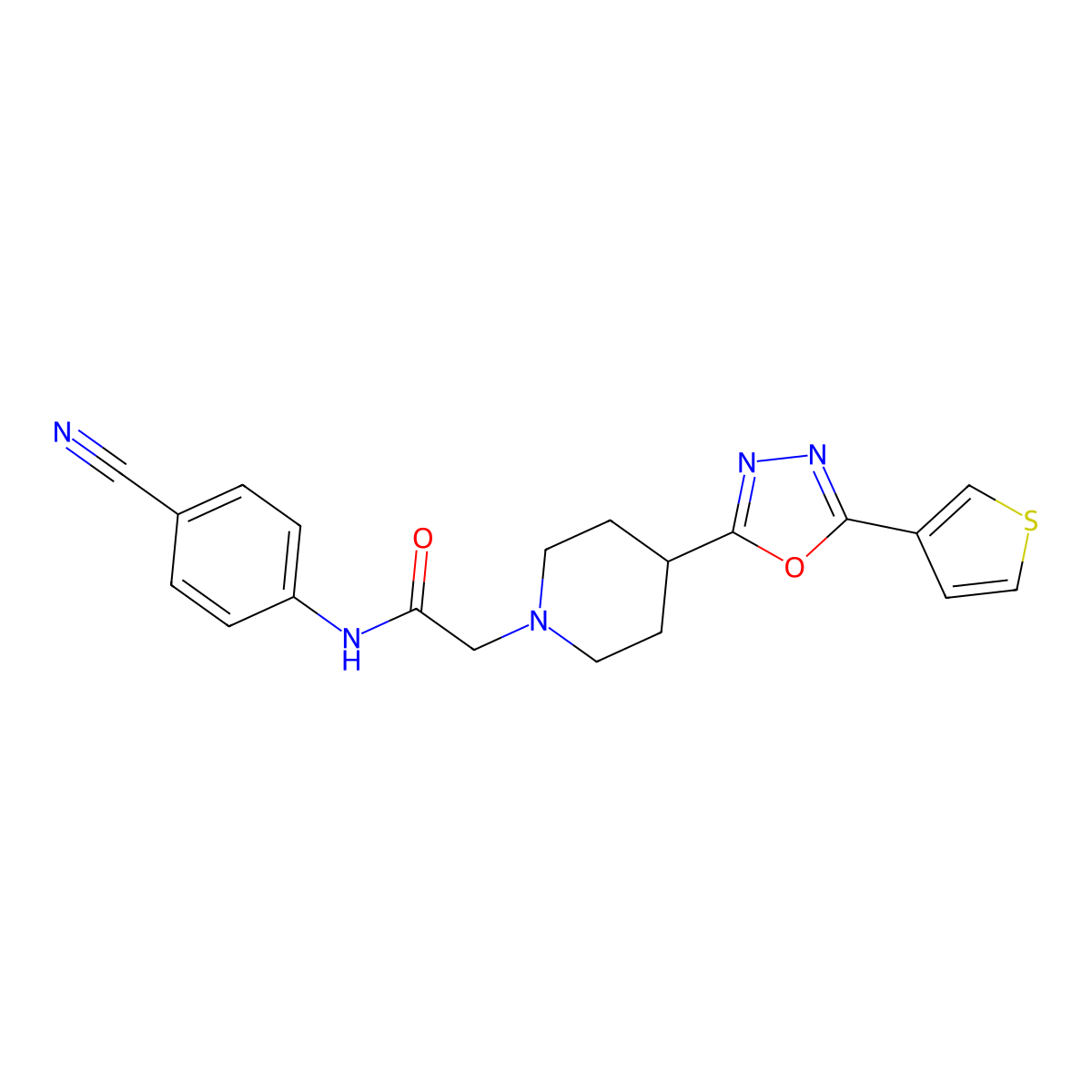 N-(4-cyanophenyl)-2-(4-(5-(thiophen-3-yl)-1,3,4-oxadiazol-2-yl)piperidin-1-yl)acetamide molecular structure, CAS 1448077-82-4
