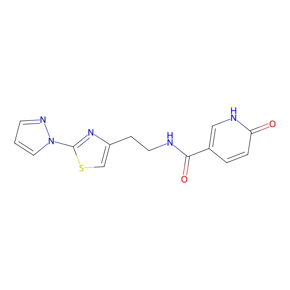N-(2-(2-(1H-pyrazol-1-yl)thiazol-4-yl)ethyl)-6-oxo-1,6-dihydropyridine-3-carboxamide molecular structure, CAS 1448077-90-4