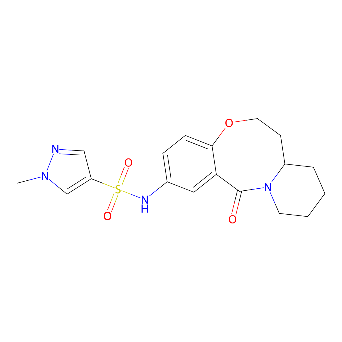 1-methyl-N-{2-oxo-9-oxa-1-azatricyclo[10.4.0.0^{3,8}]hexadeca-3,5,7-trien-5-yl}-1H-pyrazole-4-sulfonamide molecular structure, CAS 1448077-92-6