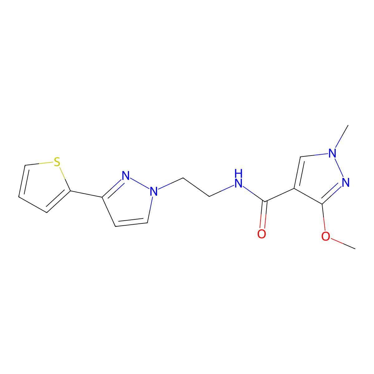 3-methoxy-1-methyl-N-(2-(3-(thiophen-2-yl)-1H-pyrazol-1-yl)ethyl)-1H-pyrazole-4-carboxamide molecular structure, CAS 1448077-98-2